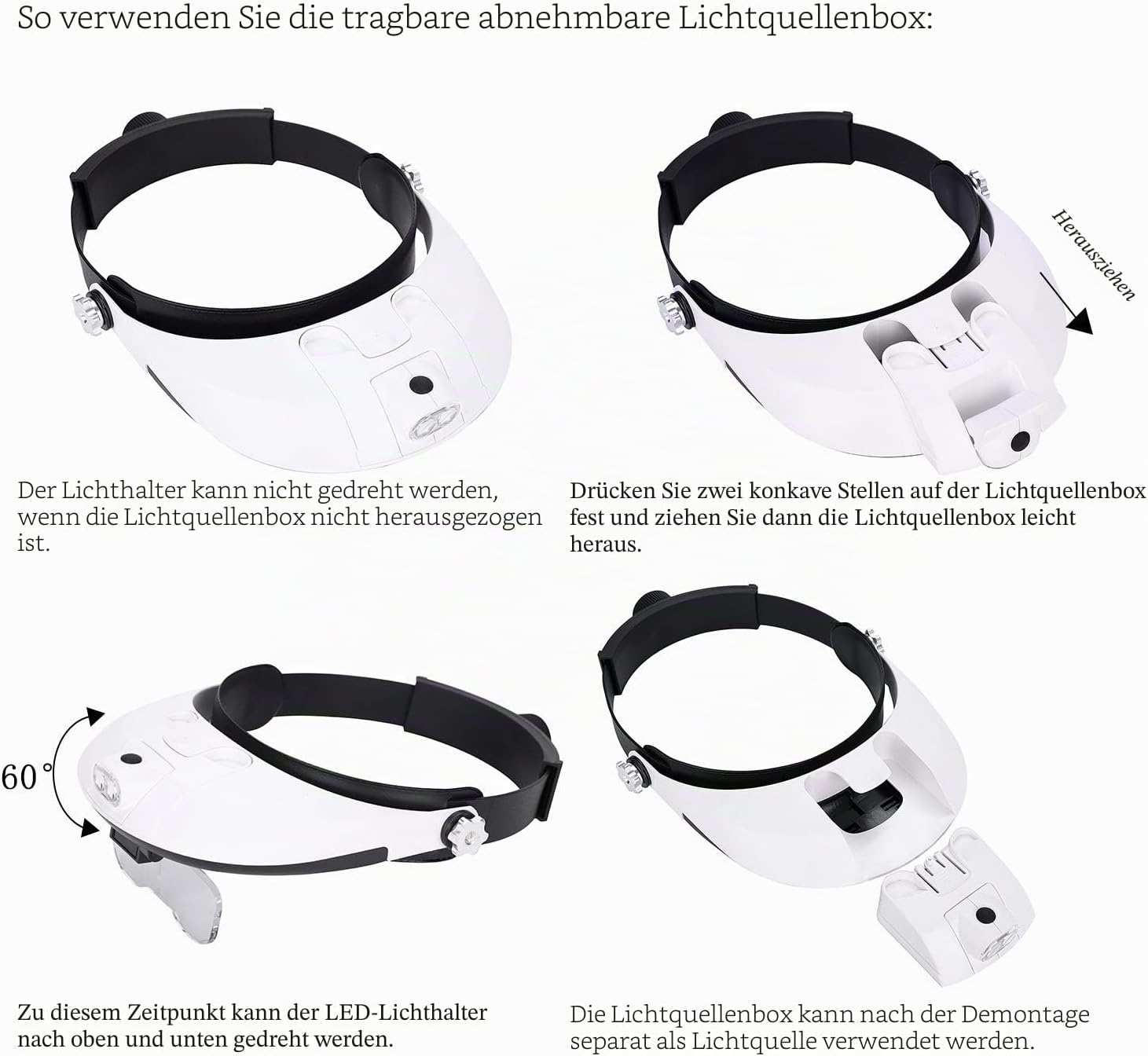 Vier schritte zeigen die handhabung der abnehmbaren lichtquelle an einer kopflupe mit deutscher beschriftung.