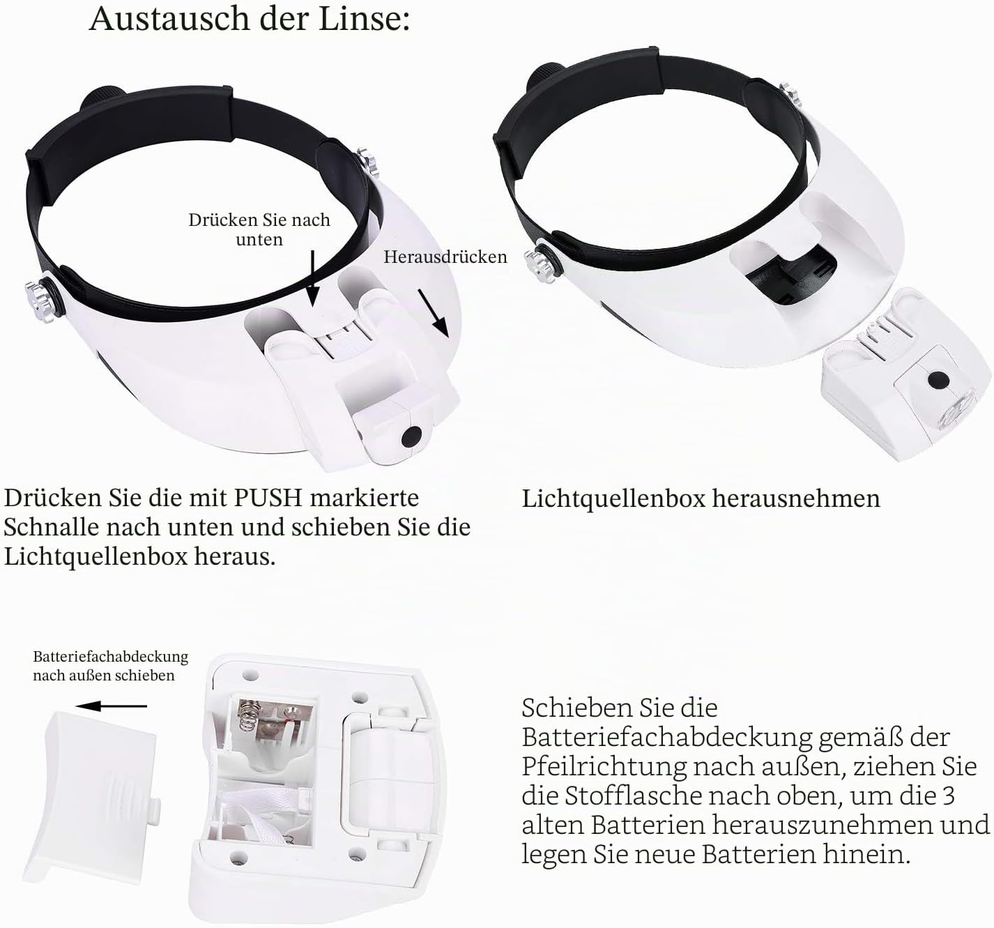 Anleitung zum Batteriewechsel und Linsenaustausch für eine Kopfbandlupe mit integrierter Beleuchtung.