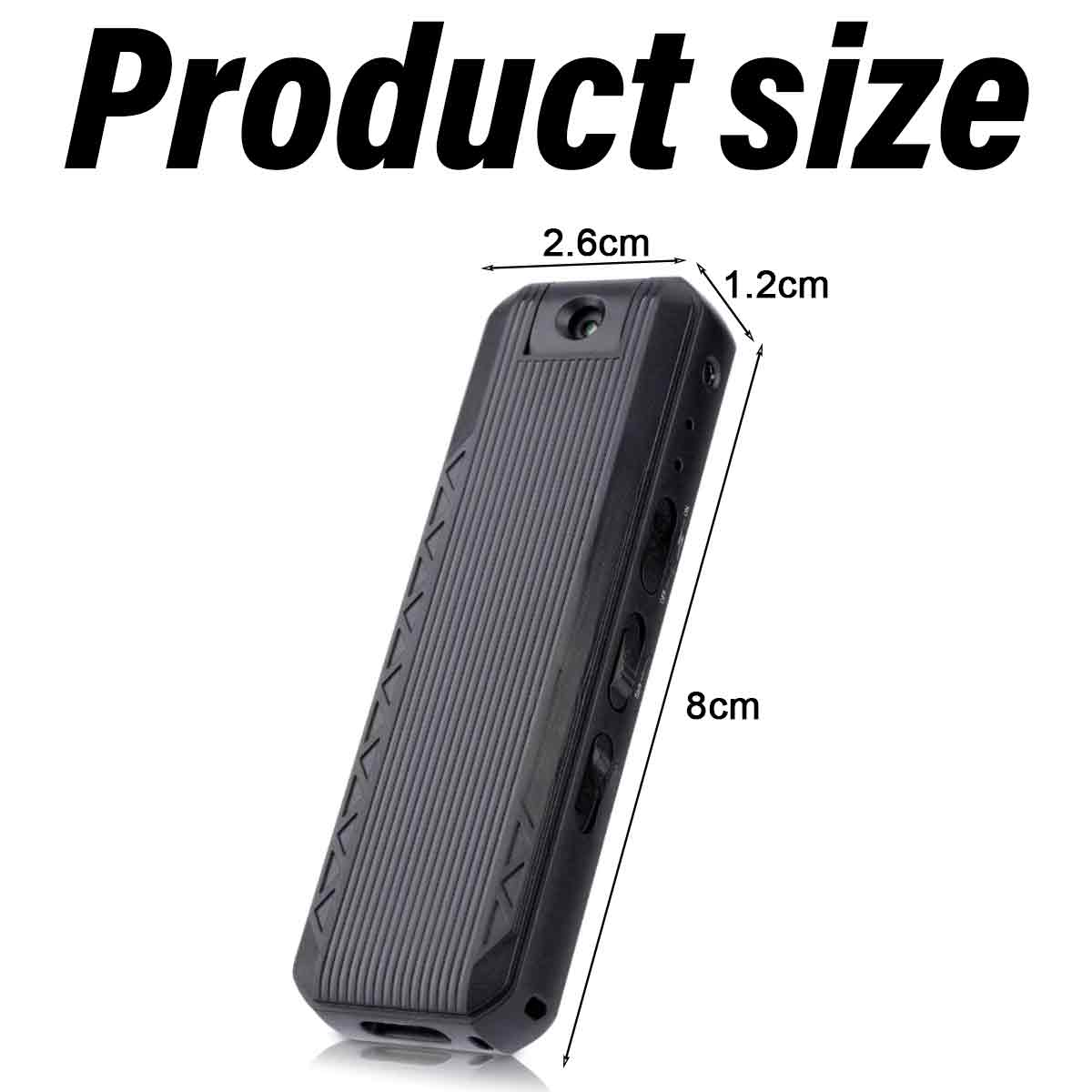 Schwarze rechteckige Stiftkamera mit Maßen: 8 cm Höhe, 2,6 cm Breite und 1,2 cm Tiefe.
