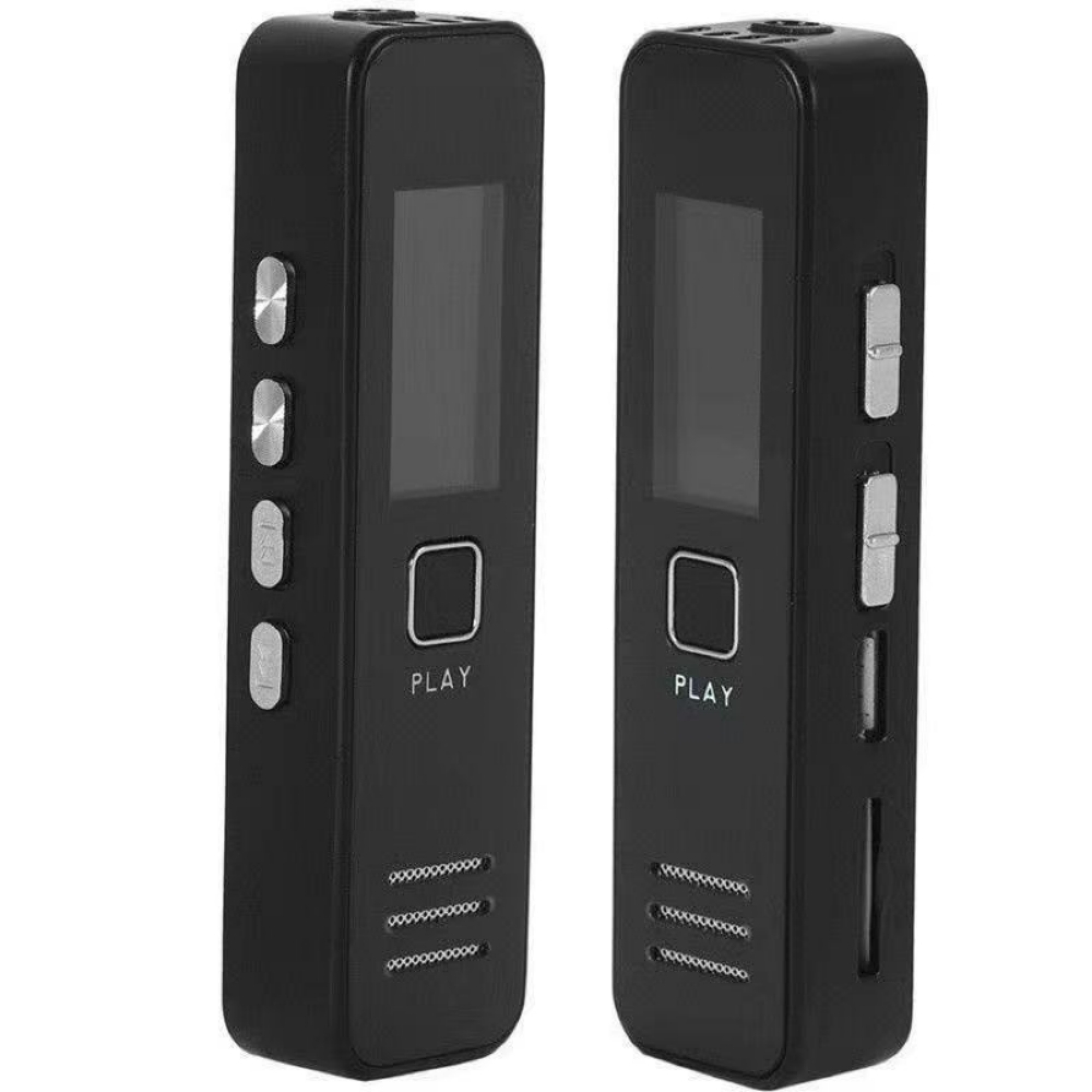 Zwei schwarze digitale Diktiergeräte mit Bildschirm, Seitentasten und Play-Taste aus verschiedenen Winkeln.
