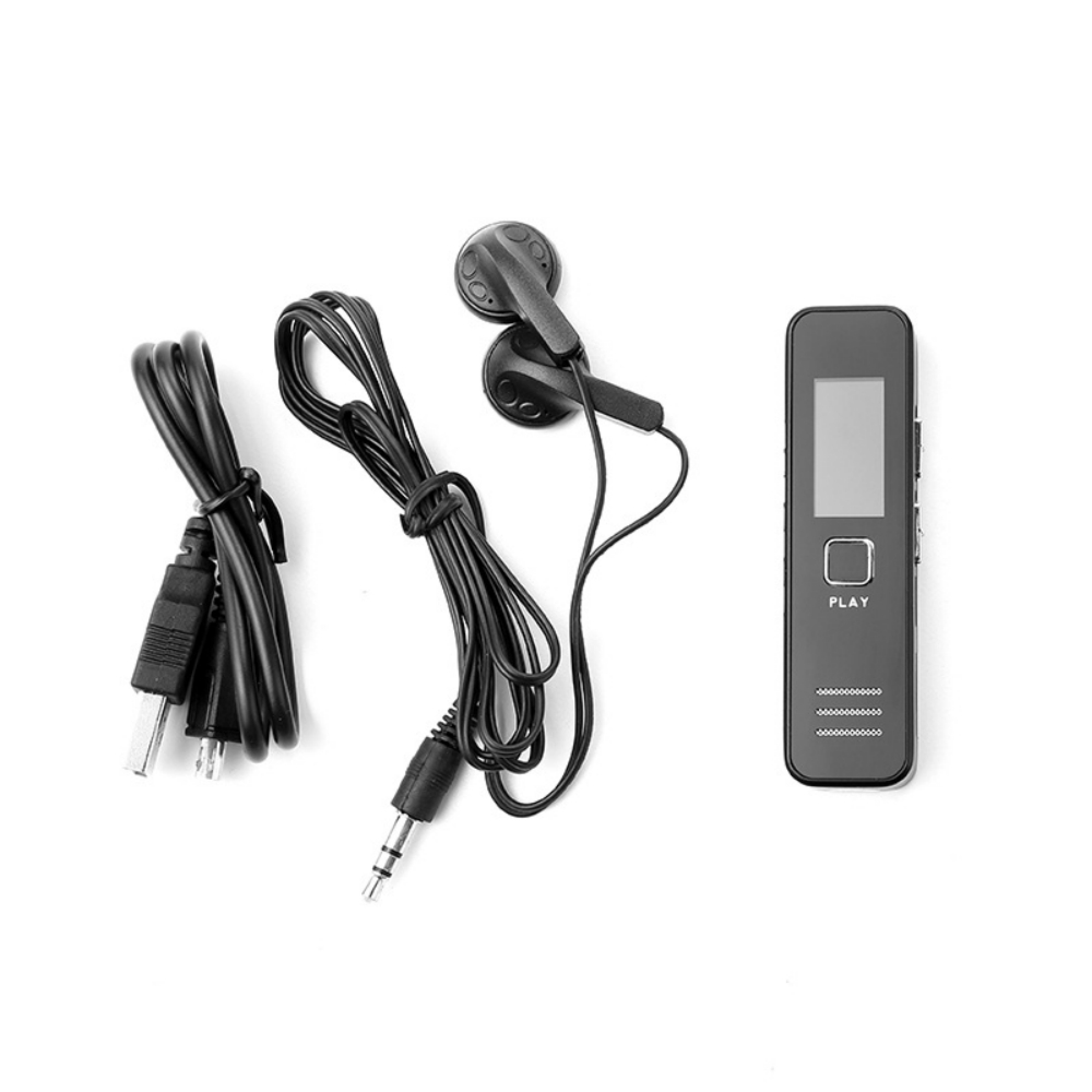 Ein schwarzer digitaler Diktiergerät, ein Paar In-Ear-Kopfhörer und Kabel liegen auf einem weißen Hintergrund.