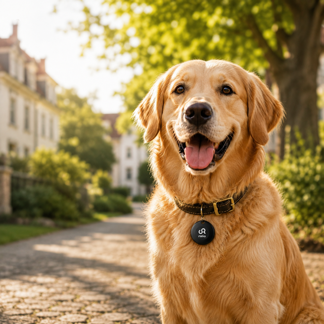 Ein glücklicher Golden Retriever sitzt auf einem Weg in einer sonnigen Straße mit Gebäuden im Hintergrund.