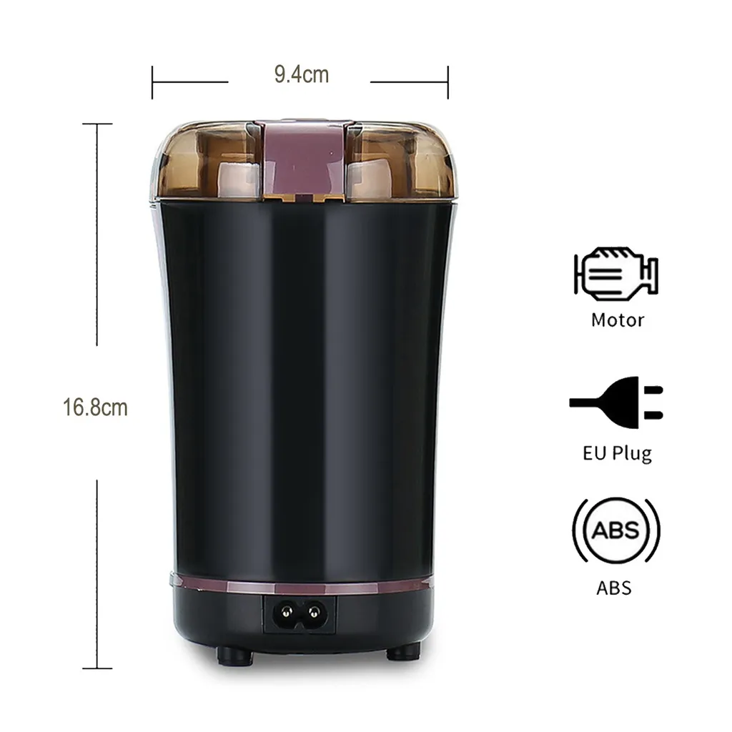 Eine schwarze elektrische Kaffeemühle mit Maßen von 9,4 cm x 16,8 cm, mit Motor-, EU-Stecker- und ABS-Symbolen.