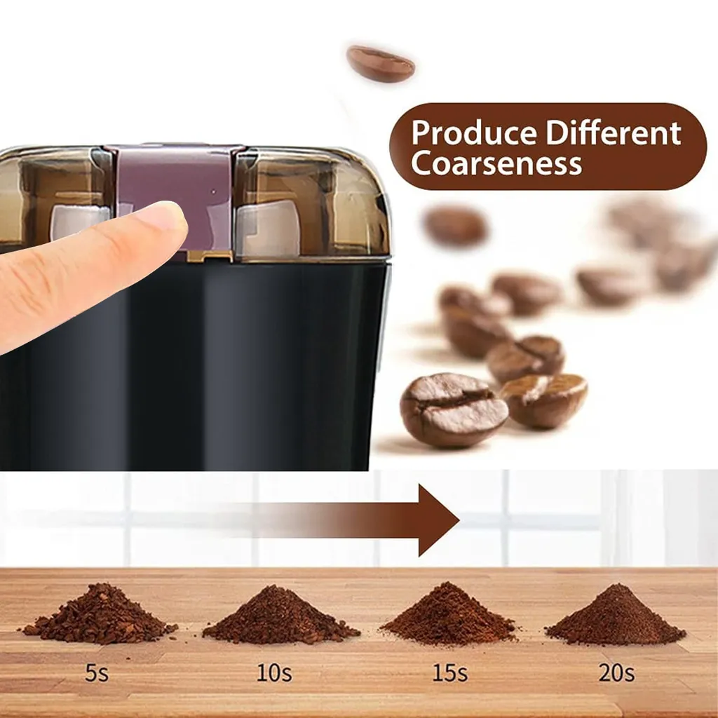 Eine Kaffeemühle mit Kaffeebohnen zeigt Mahlergebnisse von 5s bis 20s auf Holz.