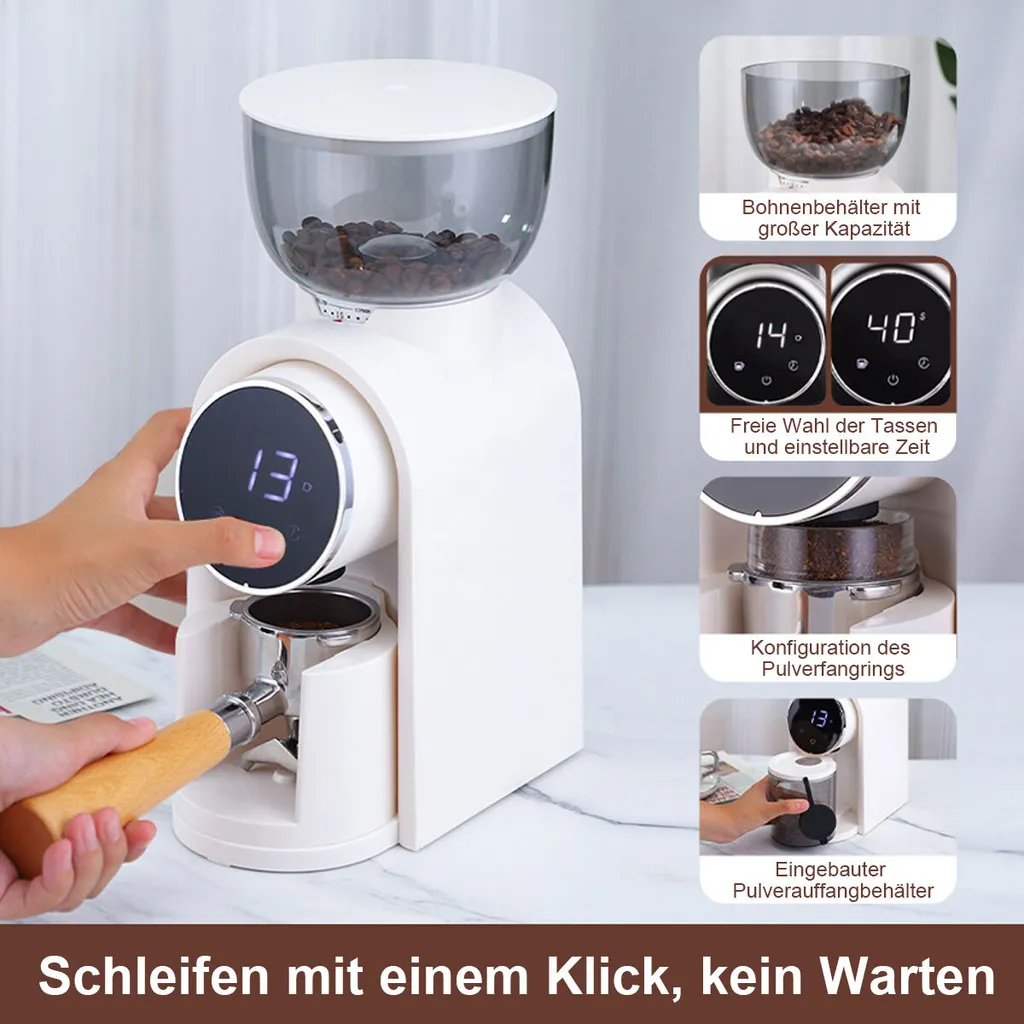 Weiße elektrische Kaffeemühle mit Digitaldisplay, Bohnenbehälter und Siebträgerhalterung.