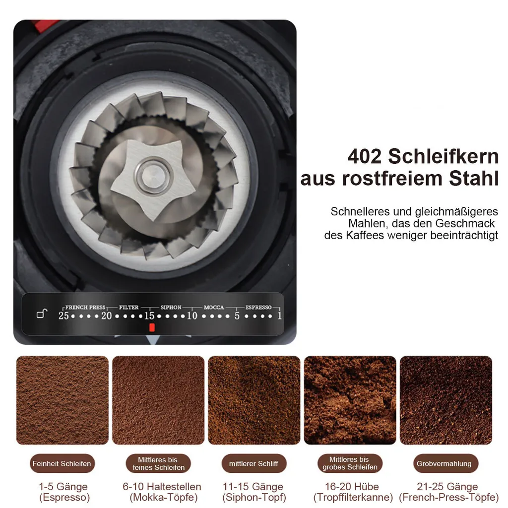Edelstahl-Mahlwerk mit Grind-Einstellungen von Espresso bis French Press und fünf Kaffeepulver-Gradationen.