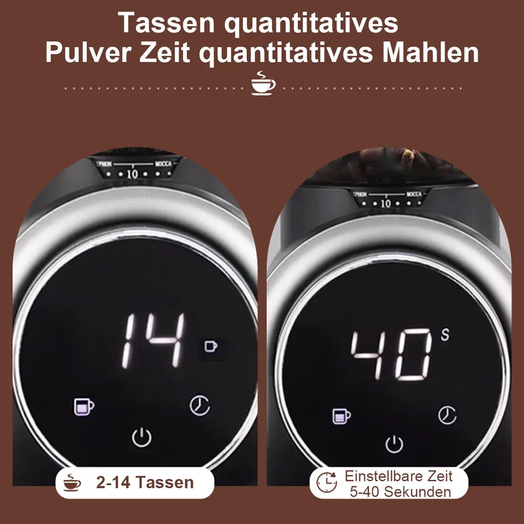 Kaffeemahler Display mit Tassenanzahl und einstellbarer Zeit in Sekunden.