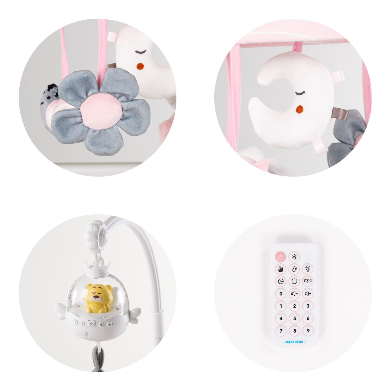 Vier runde Nahaufnahmen zeigen Babymobile-Teile: Plüschtiere, eine Spieluhr mit Bären und eine Fernbedienung.