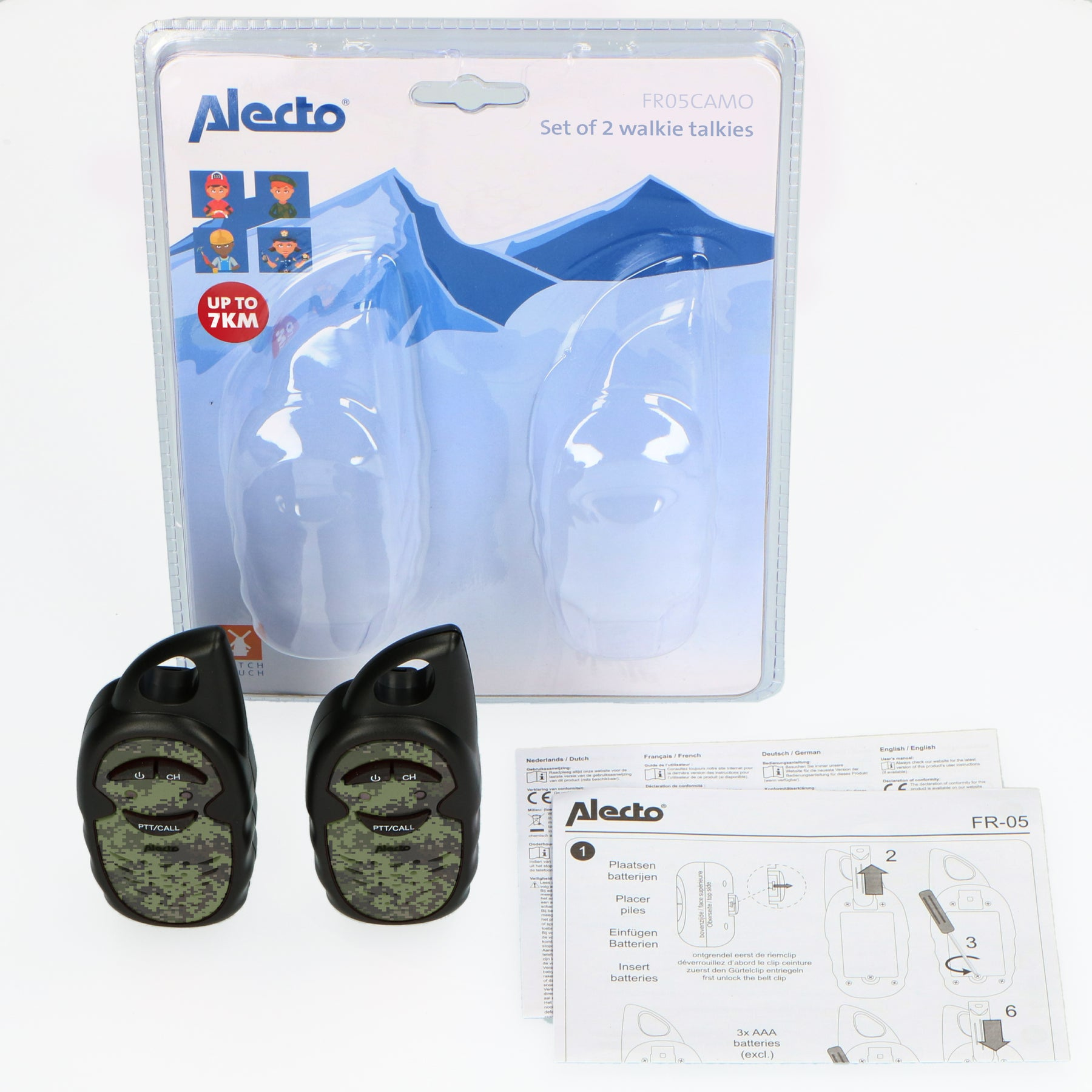 Alecto Walkie-Talkie Set mit zwei grünen Camouflage-Geräten, Verpackung und Handbuch auf weißem Hintergrund.
