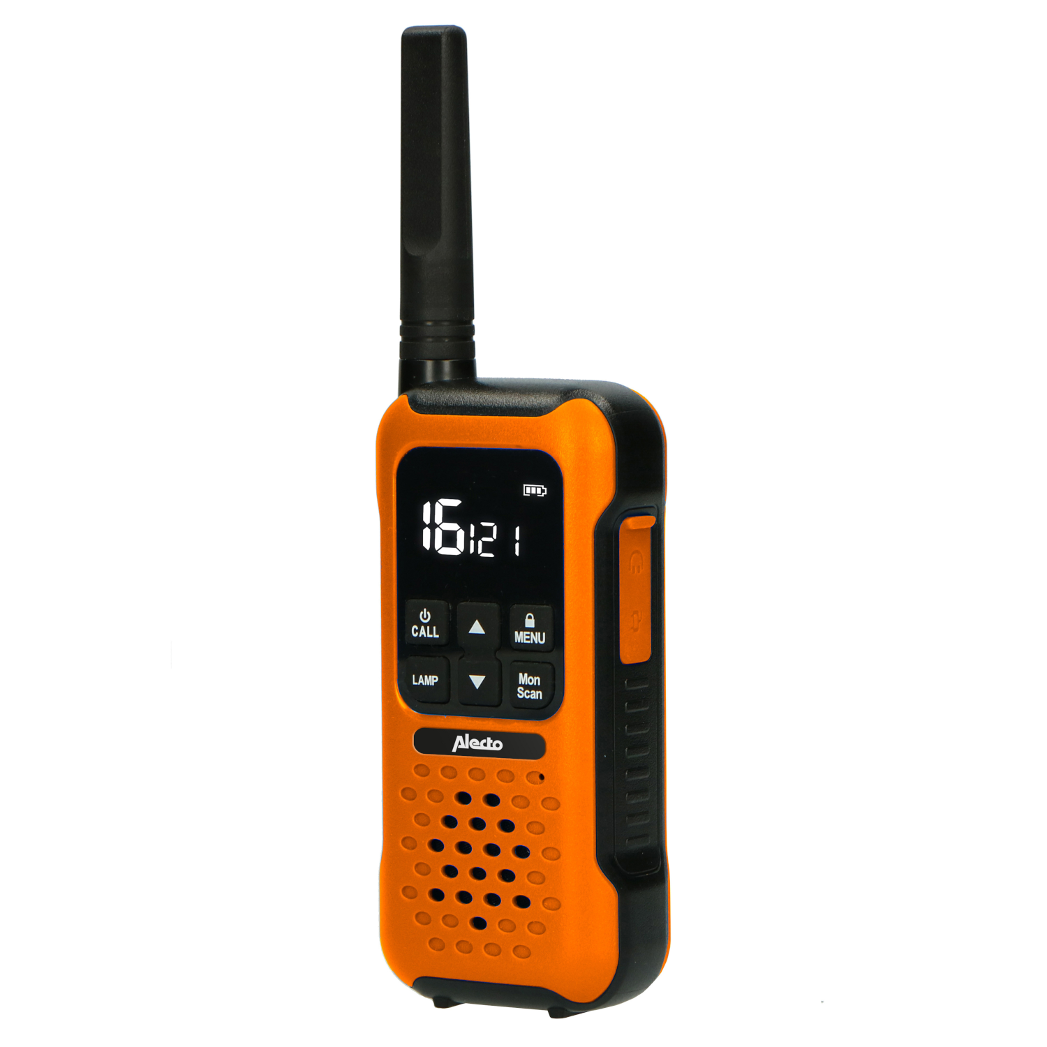 Pomarańczowo-czarny radiotelefon Alecto z wyświetlaczem cyfrowym, przyciskami i pionową anteną, na białym tle.