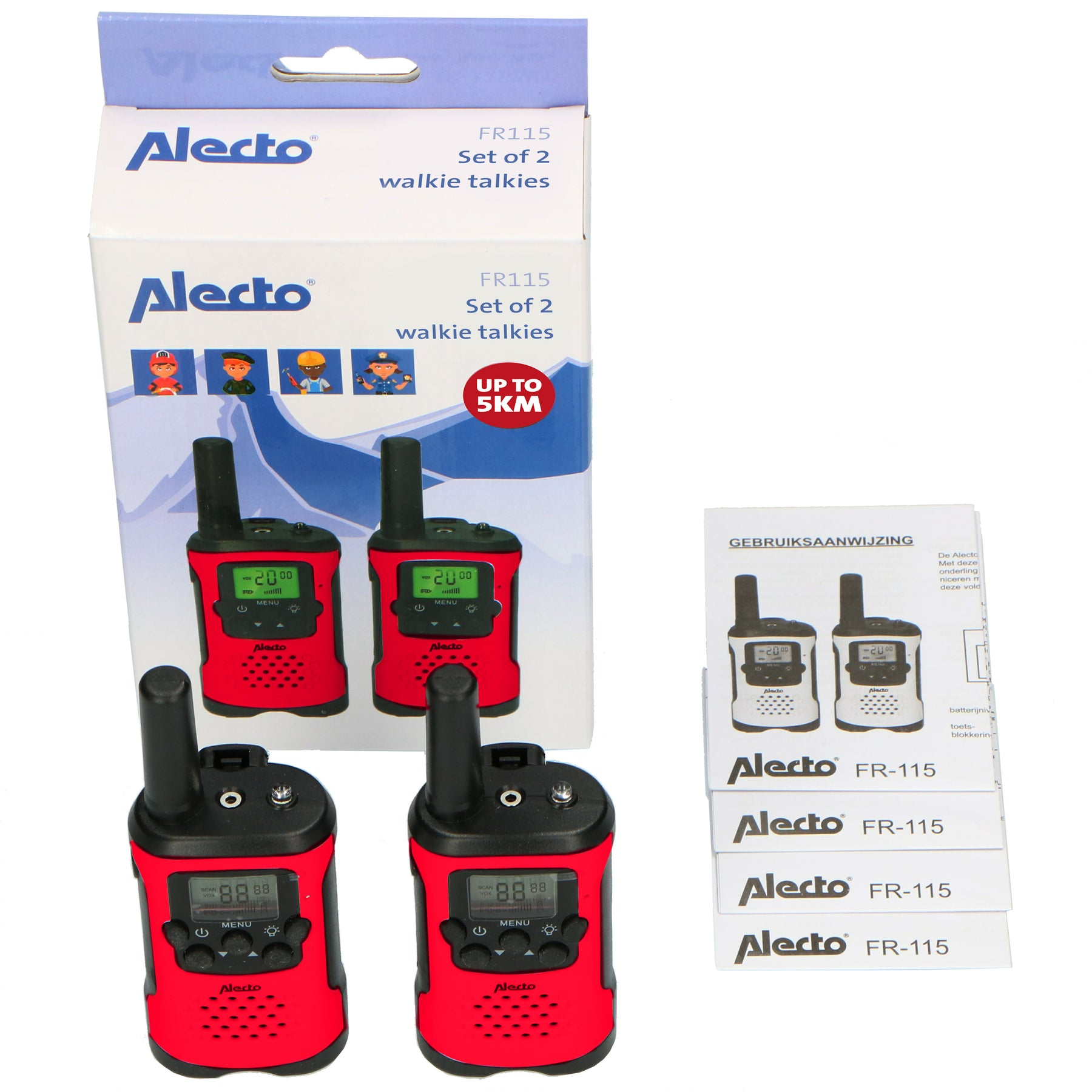 Dos walkie-talkies rojos Alecto FR115 frente a su caja de embalaje y manuales.