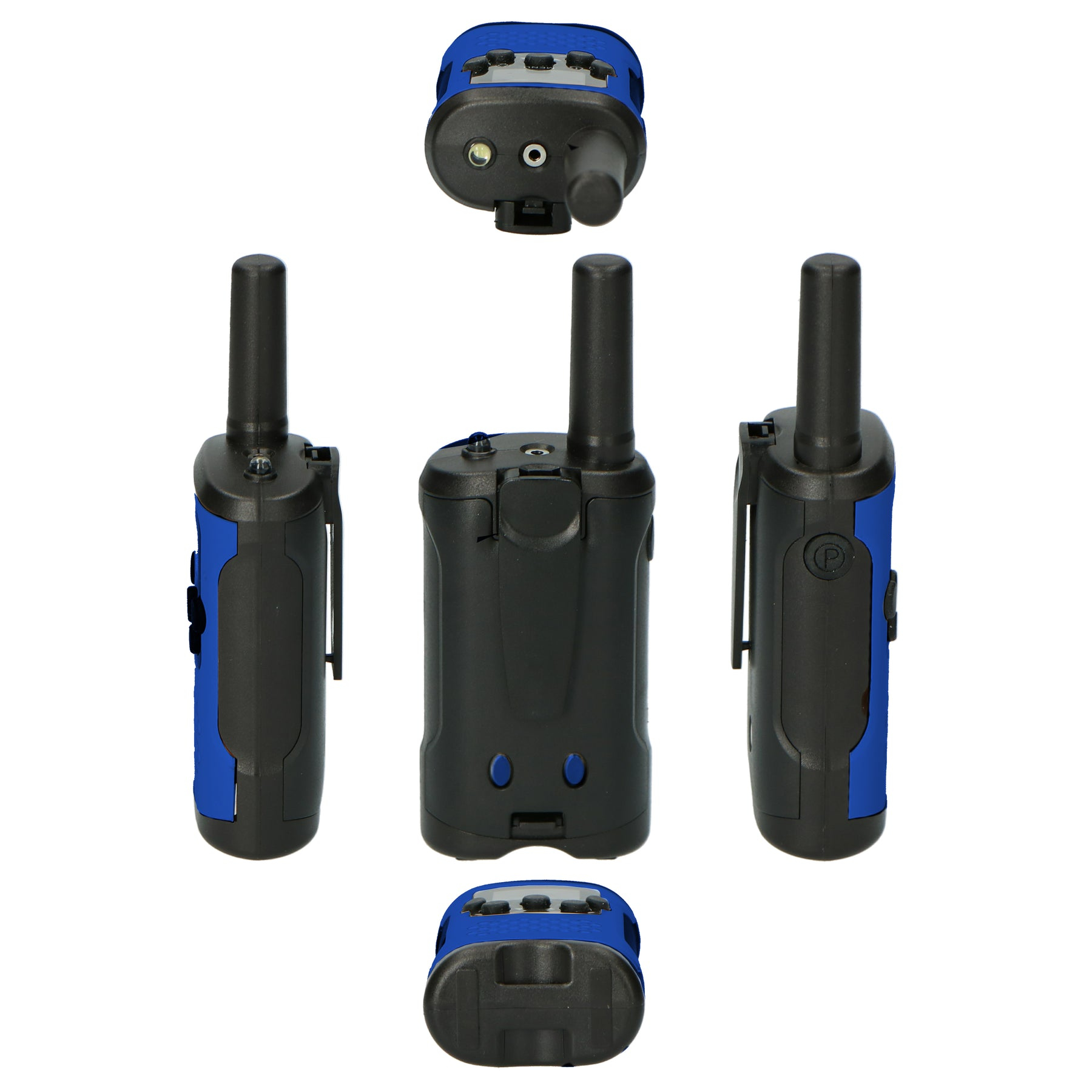 Walkie-talkie blu e neri mostrati da più angolazioni su sfondo bianco.