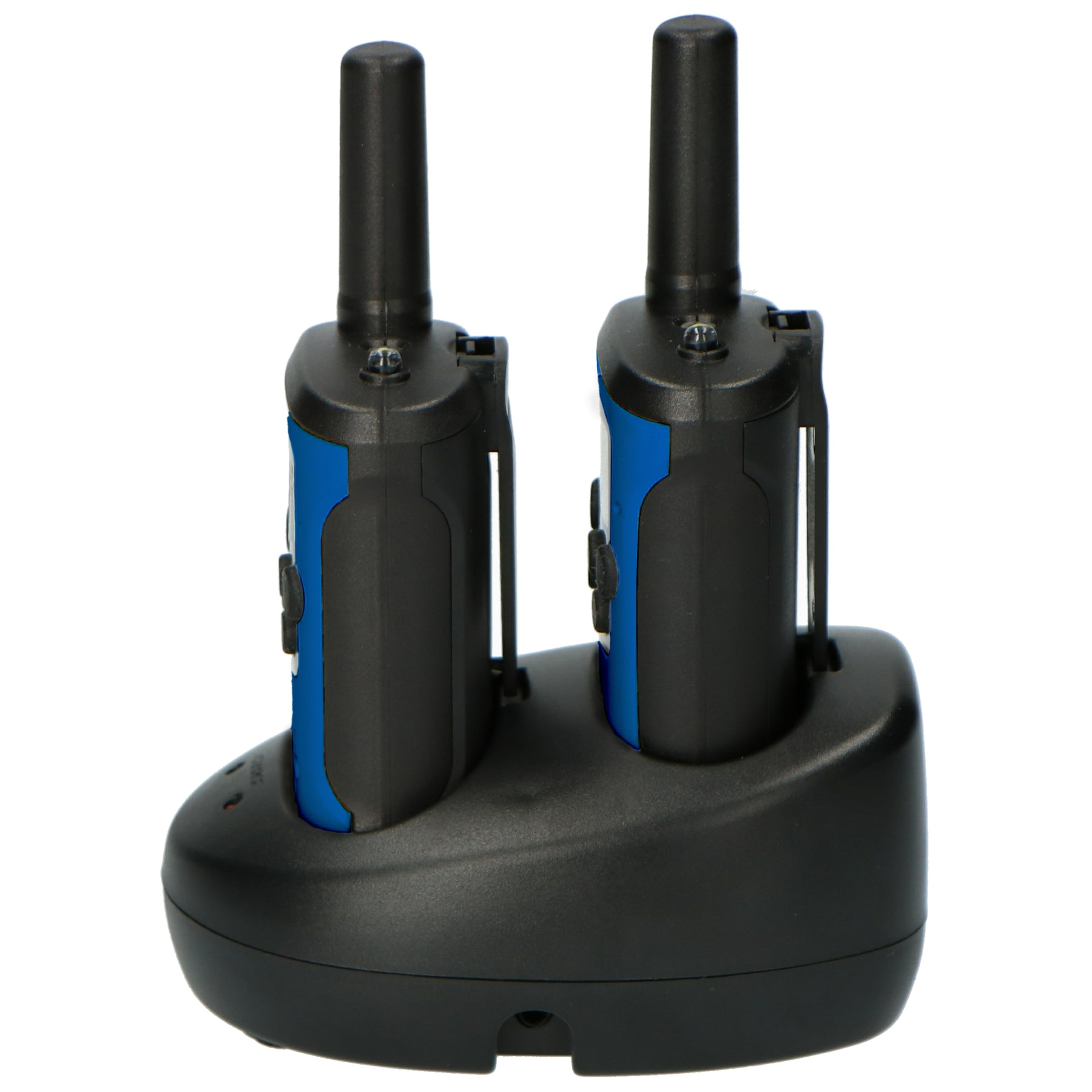 Due walkie-talkie neri e blu si trovano in una base di ricarica nera.