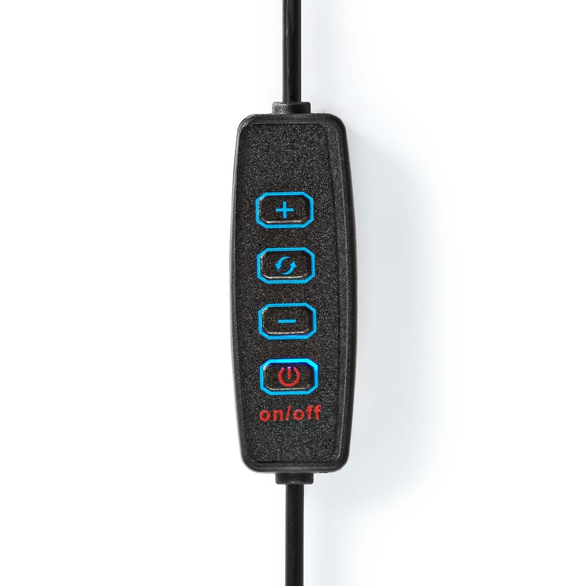 Ein schwarzer Inline-Controller mit vier blauen Knöpfen und einem roten Ein-/Ausschalter auf einem weißen Hintergrund.