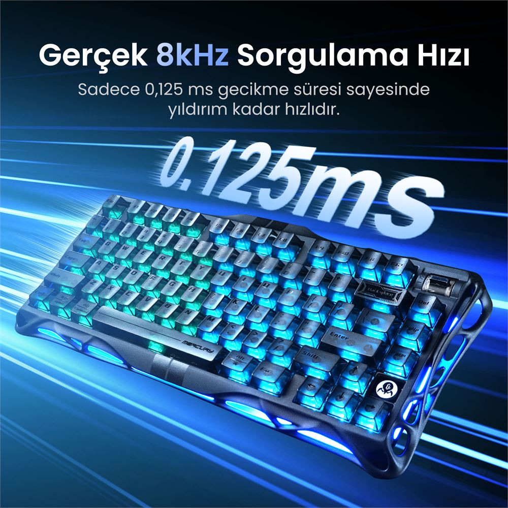Mavi arka aydınlatmalı mekanik klavye ve üstünde metin.