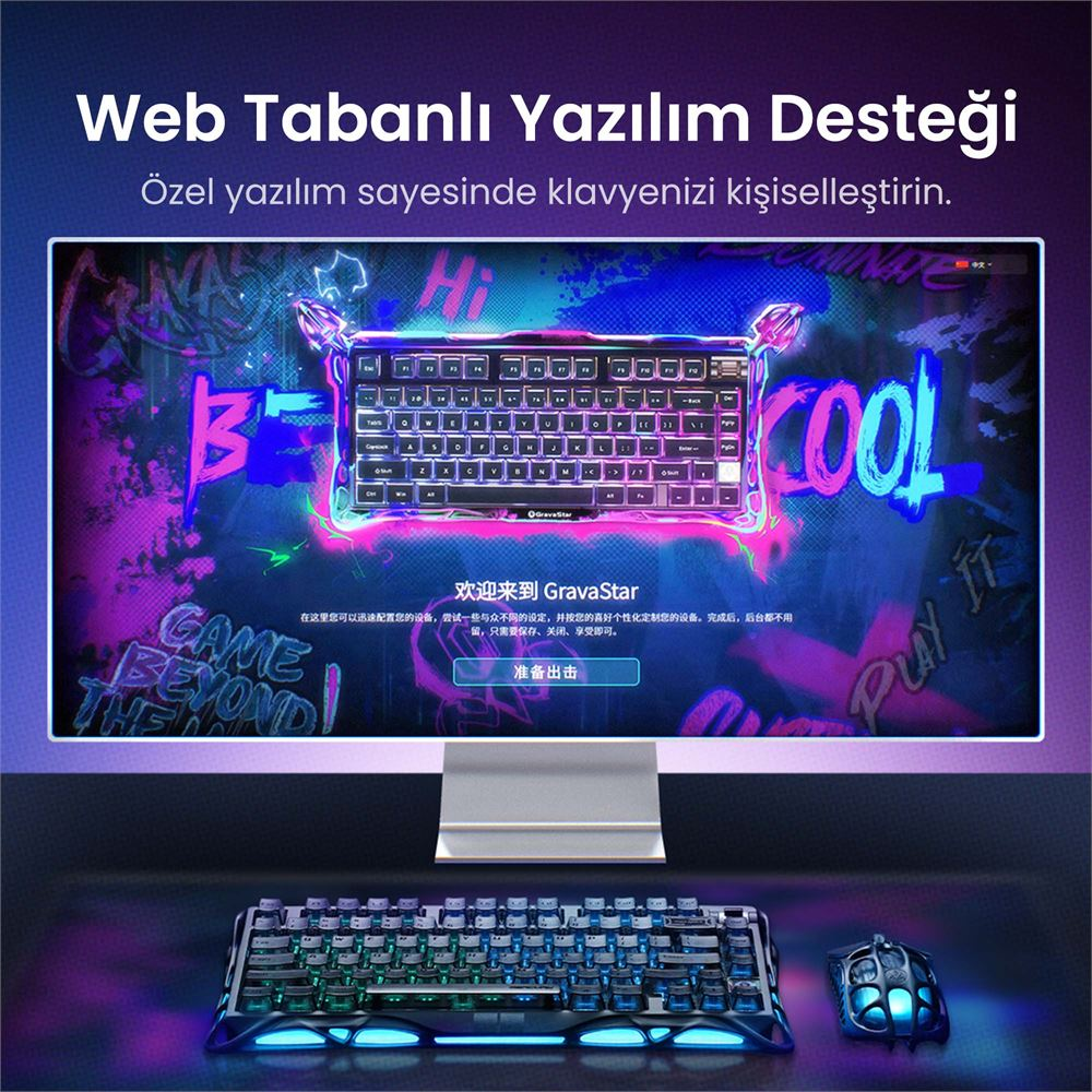 Neon grafiti arka planlı monitör ve masada parlayan mekanik klavye ve fare seti.