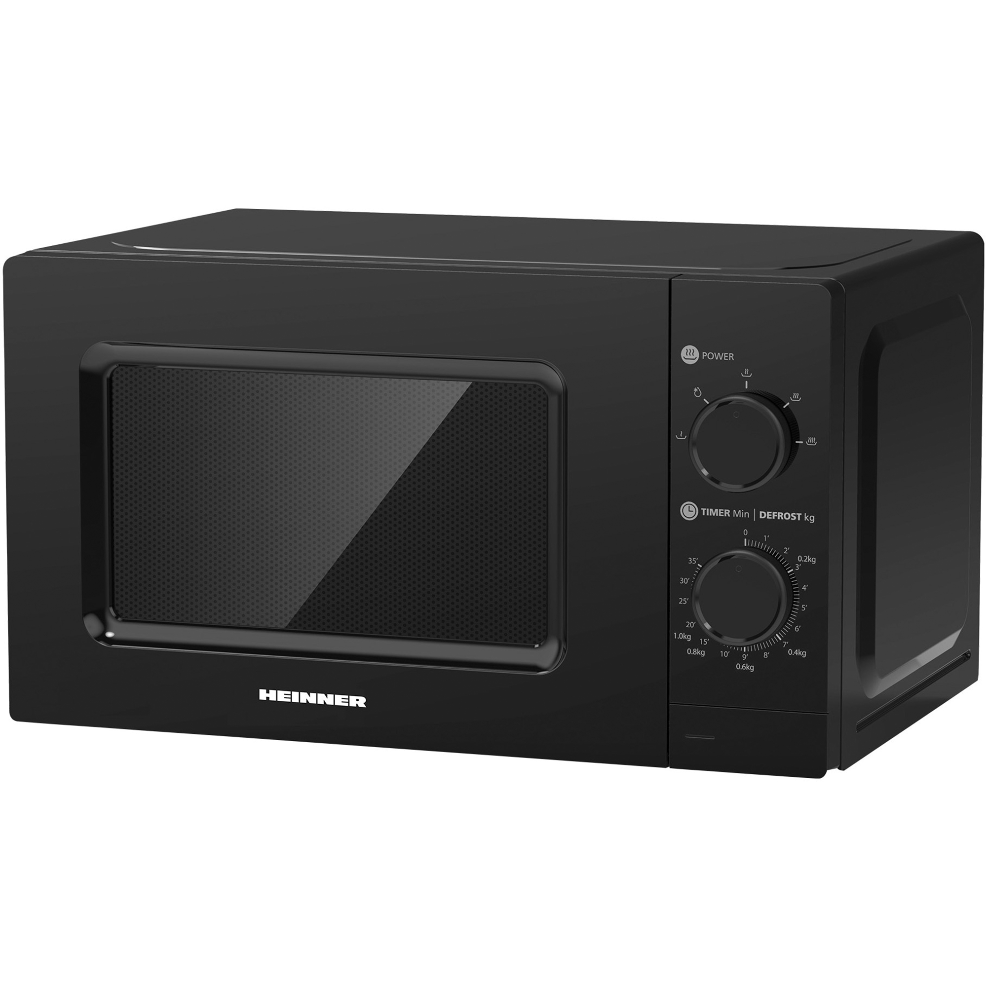 Black microwave with two dials for power and timer on the right side, shown against a white background.