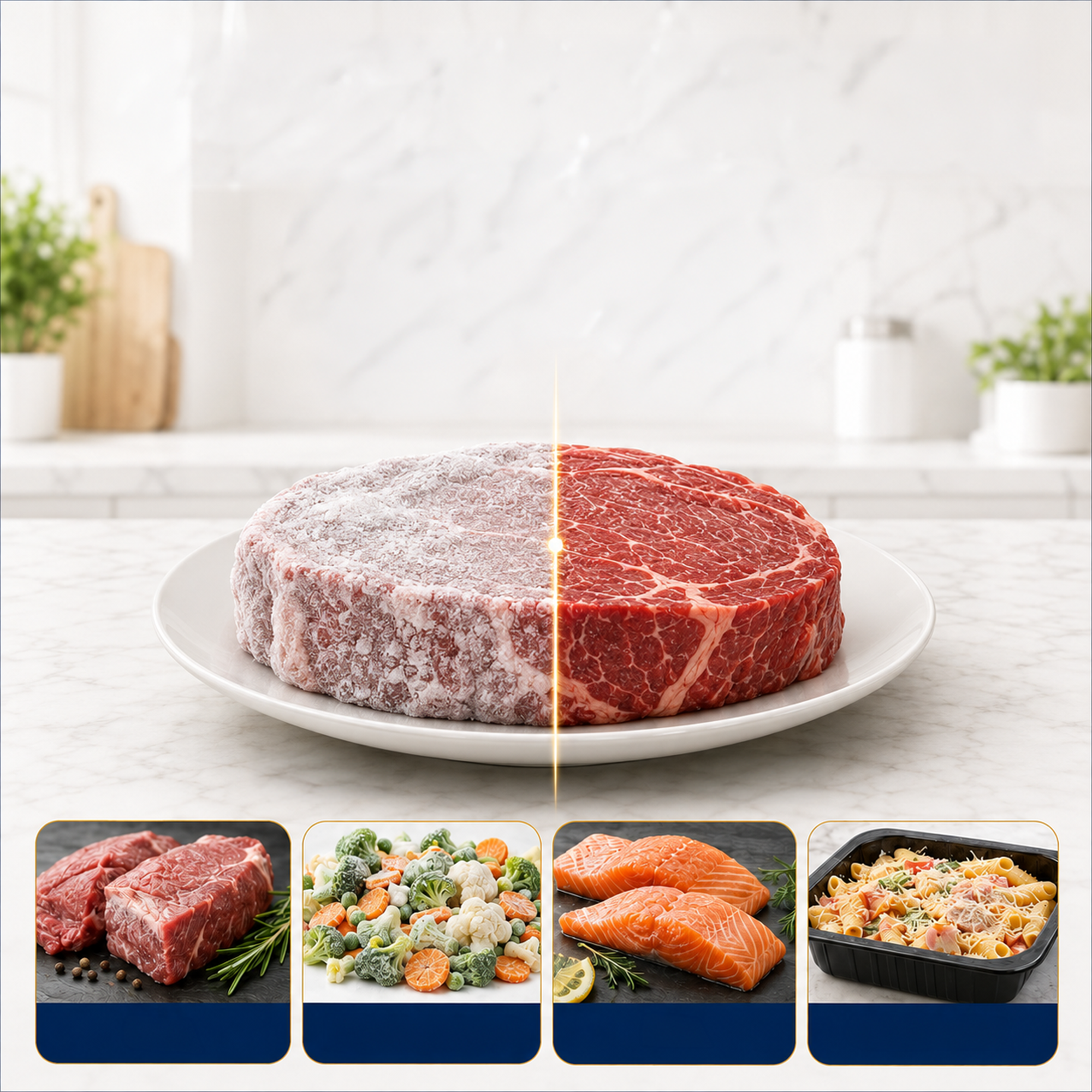 A plate shows a steak split between frozen and fresh halves, with four food categories below on a kitchen counter.