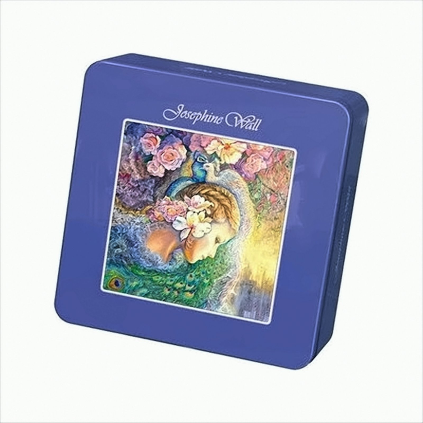 Blaue Josephine Wall-Schachtel mit farbiger Illustration von einer Frau, Blumen und einem Pfau.