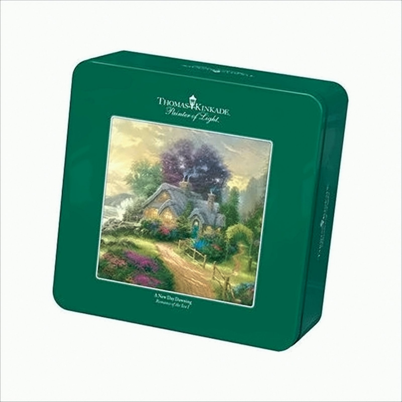 Grüne Thomas Kinkade Schmuckdose mit idyllischer Cottage-Szene und Weg auf dem Deckel.
