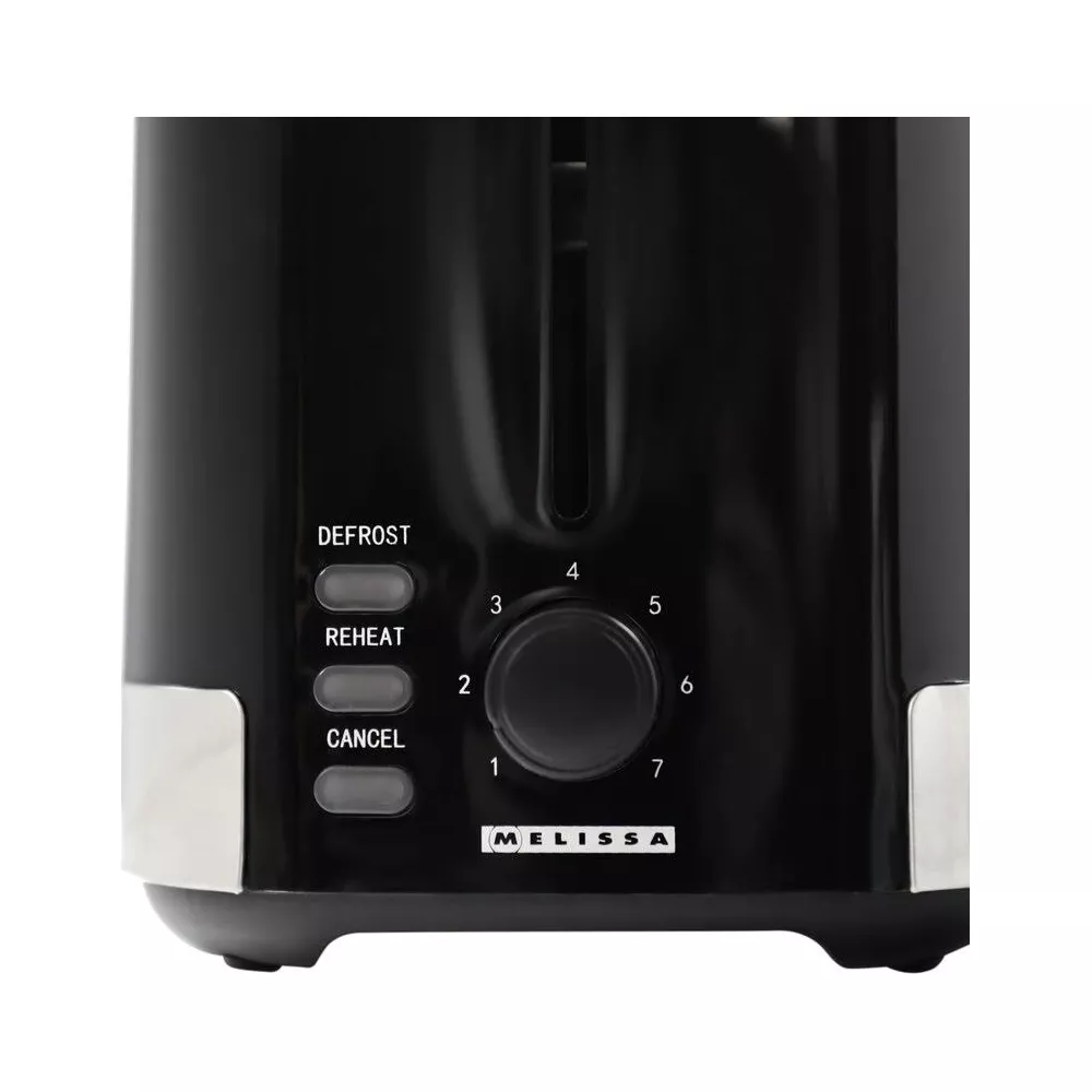 Schwarzer Toaster mit Einstellknöpfen für Defrost, Reheat, Cancel und Bräunungsstufen 1 bis 7.