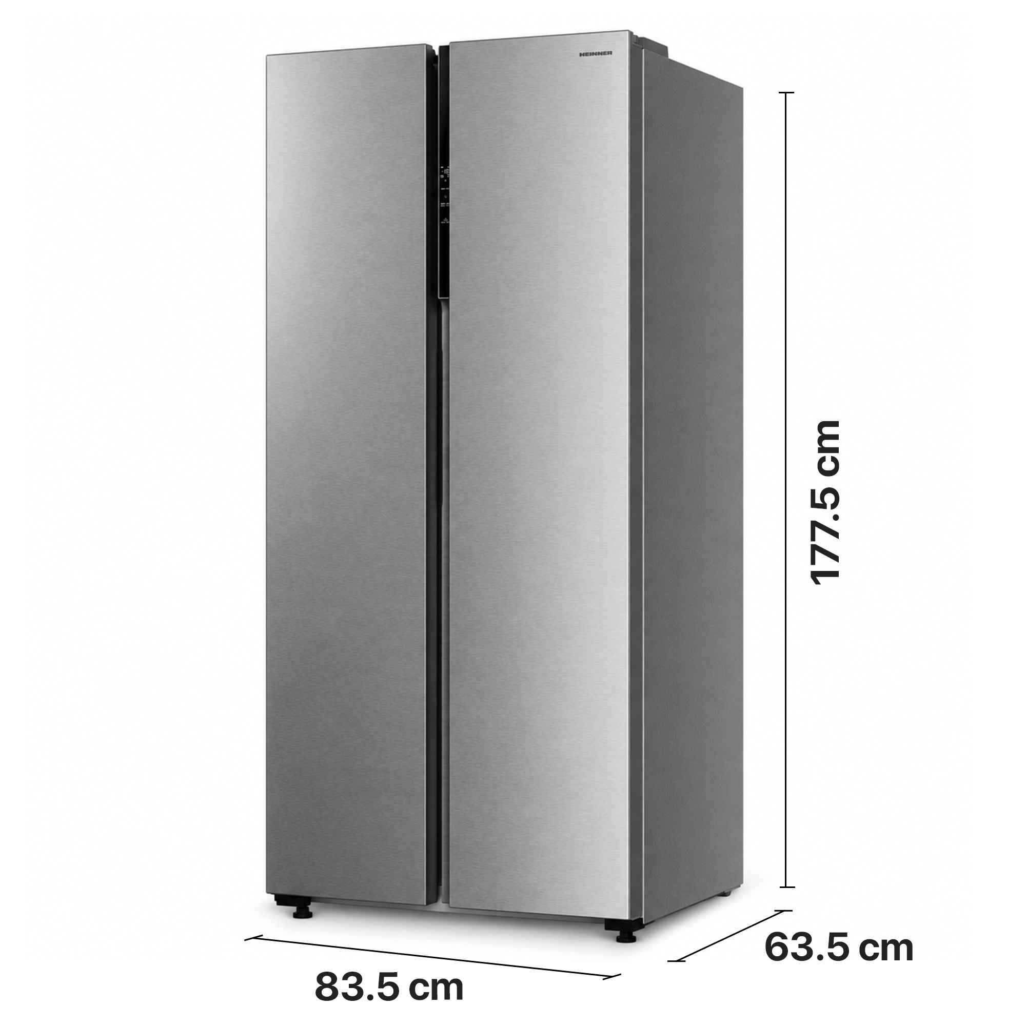 Réfrigérateur américain argenté avec dimensions: 177,5 cm de haut, 83,5 cm de large, 63,5 cm de profondeur.