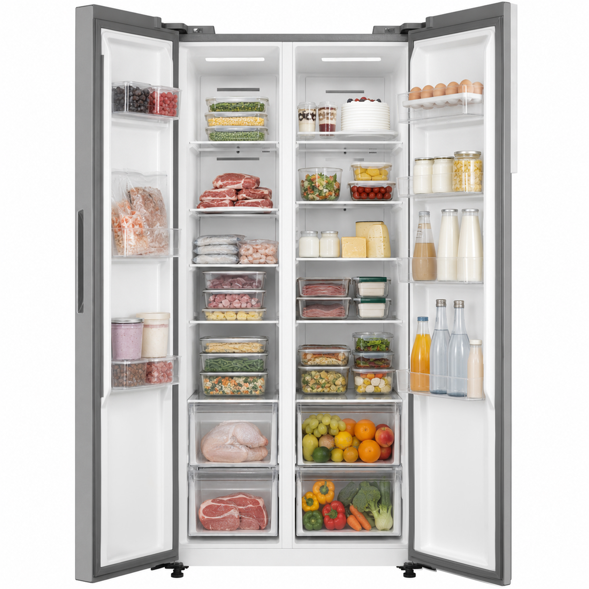 Un réfrigérateur ouvert et bien garni, rempli d'aliments frais, de fruits, de légumes et de bouteilles.