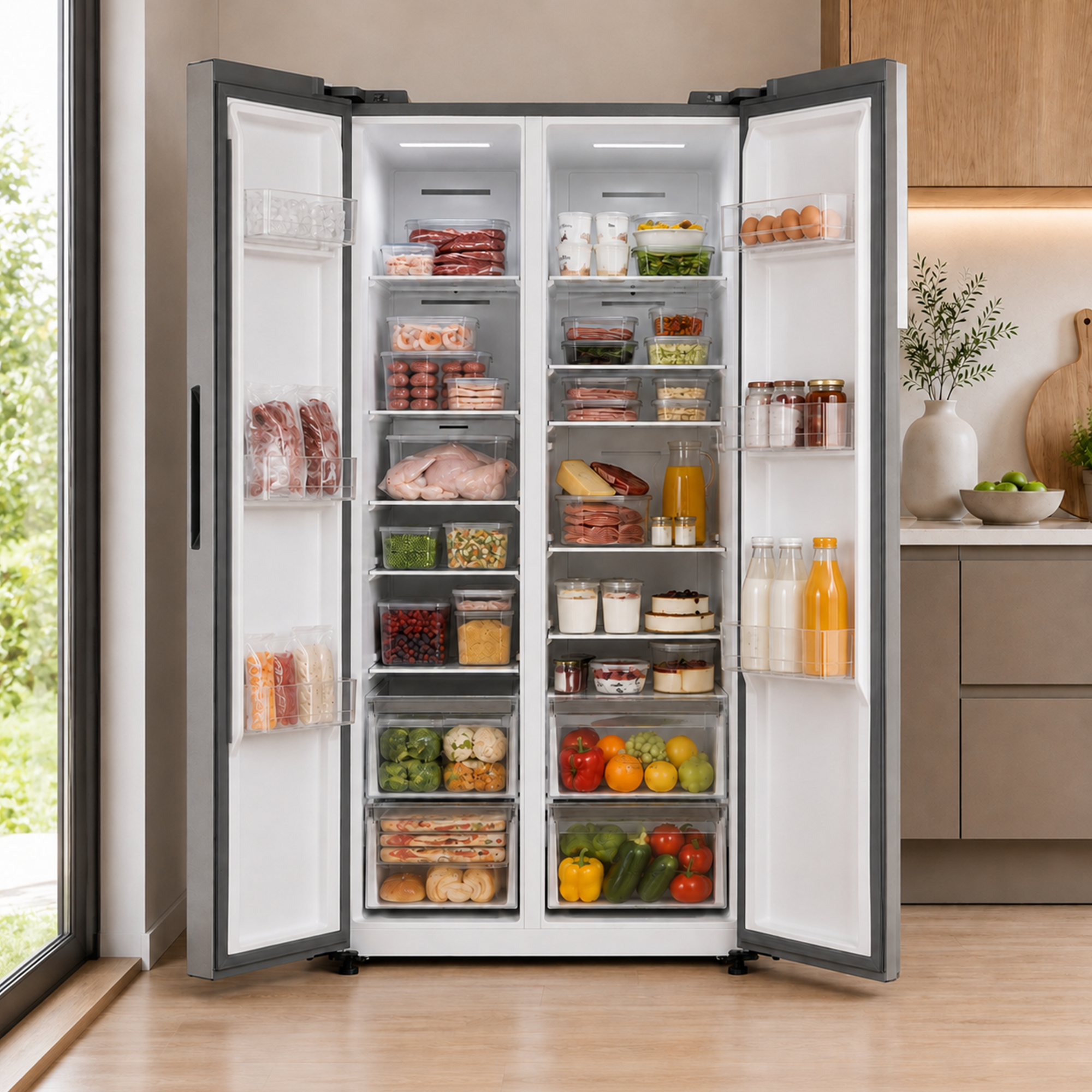 Un réfrigérateur à double porte en acier inoxydable ouvert et bien approvisionné dans une cuisine moderne remplie de nourriture.