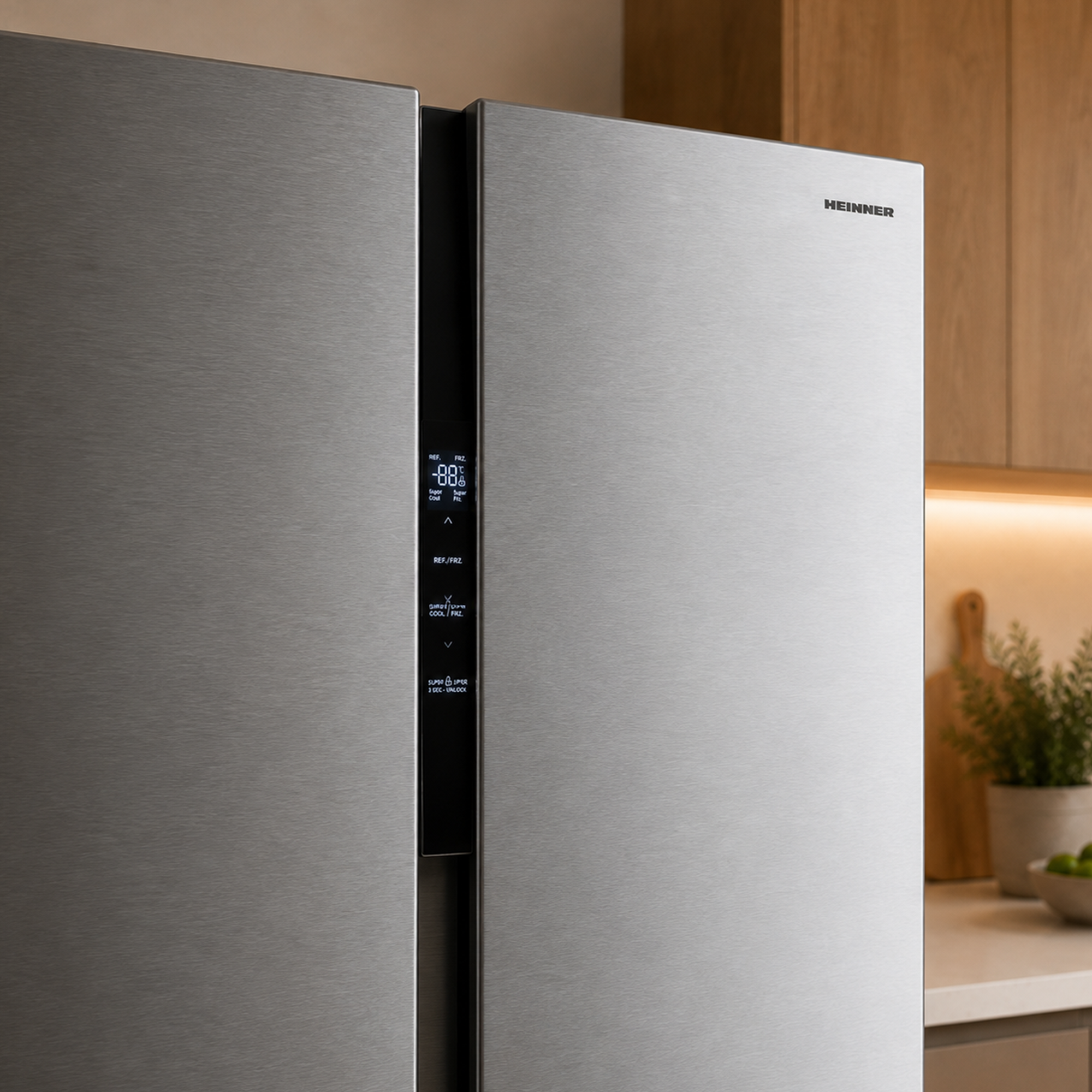 Réfrigérateur à double porte en acier inoxydable avec écran numérique et meubles de cuisine en fond.