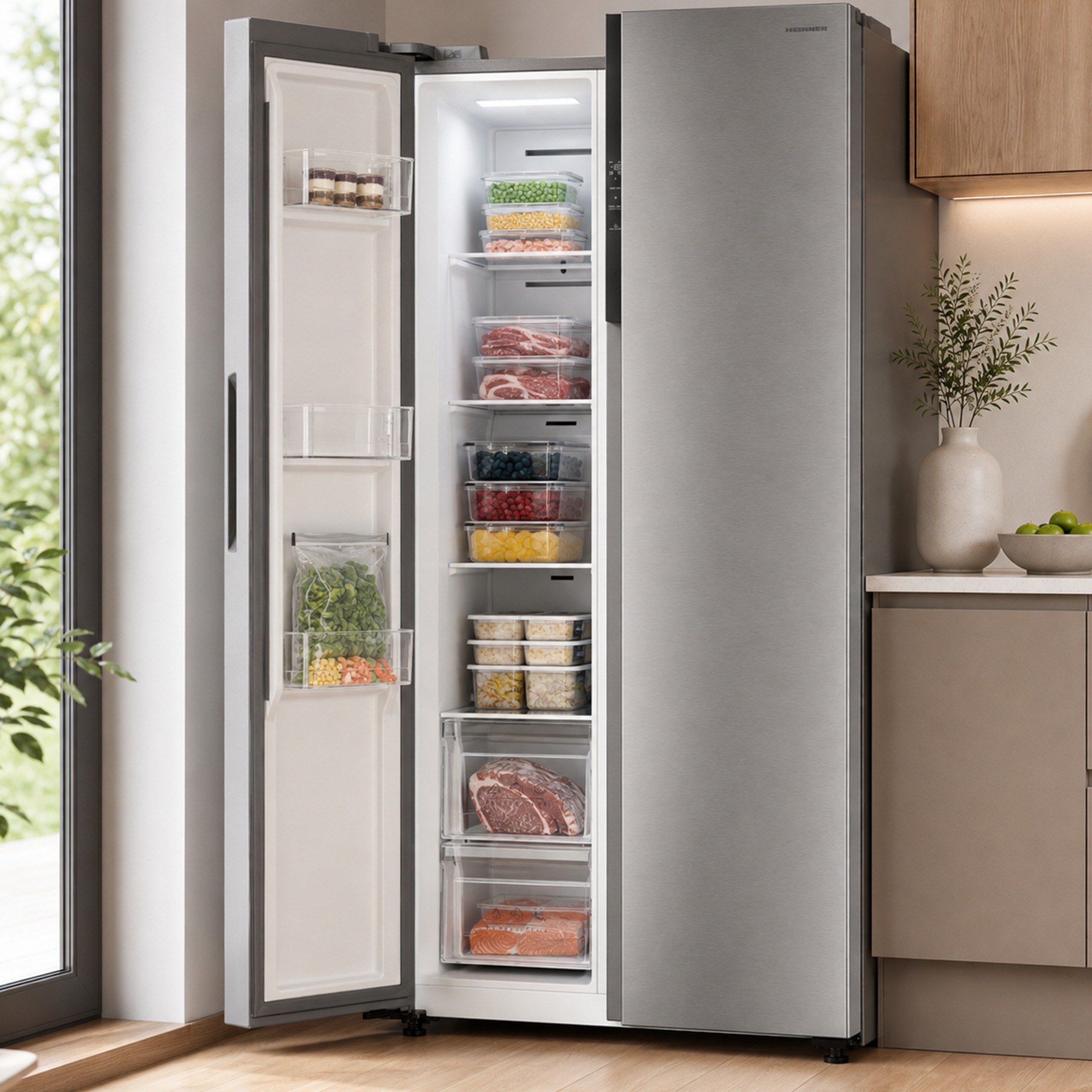 Un réfrigérateur côte à côte en acier inoxydable dans une cuisine moderne, avec sa porte de congélateur ouverte.