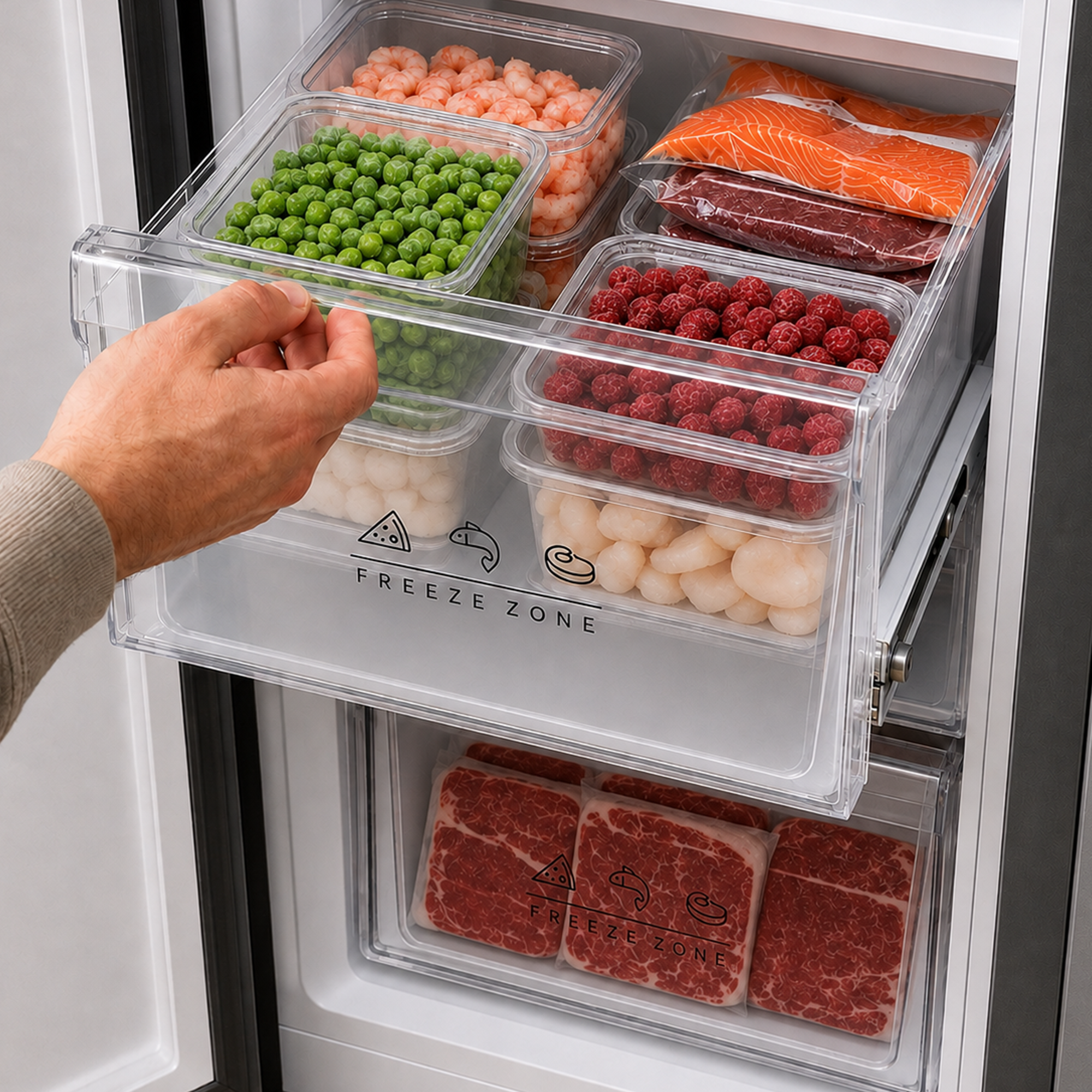 Une main ouvre un tiroir de congélateur rempli de récipients transparents contenant des petits pois, des baies et de la viande.