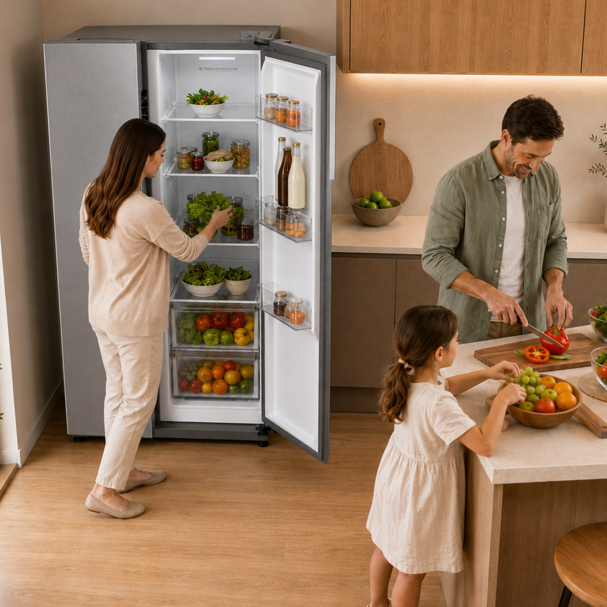 Une famille prépare un repas ensemble dans une cuisine lumineuse pendant que la mère ouvre le réfrigérateur.