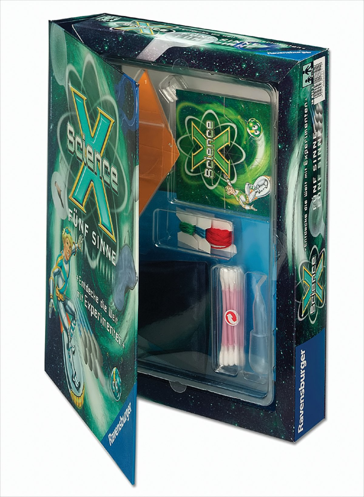 Ravensburger Science X Fünf Sinne Experimentierkasten mit geöffneter Verpackung und Inhalt.