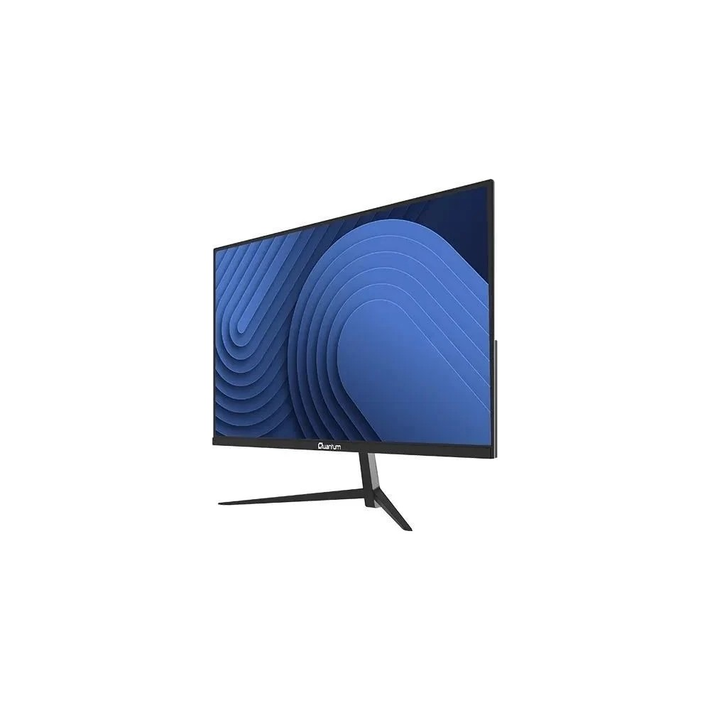 Beyaz arka planda V şeklinde ayaklı, mavi dalga arka planına sahip siyah bir Quantum monitör.