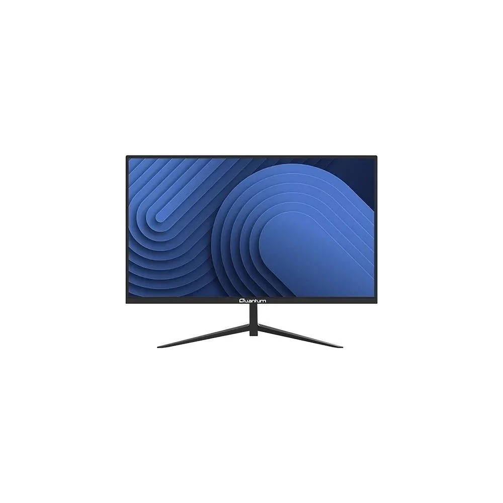 Beyaz arka planda ekranında soyut mavi dalga deseni bulunan siyah Quantum PC monitörü.