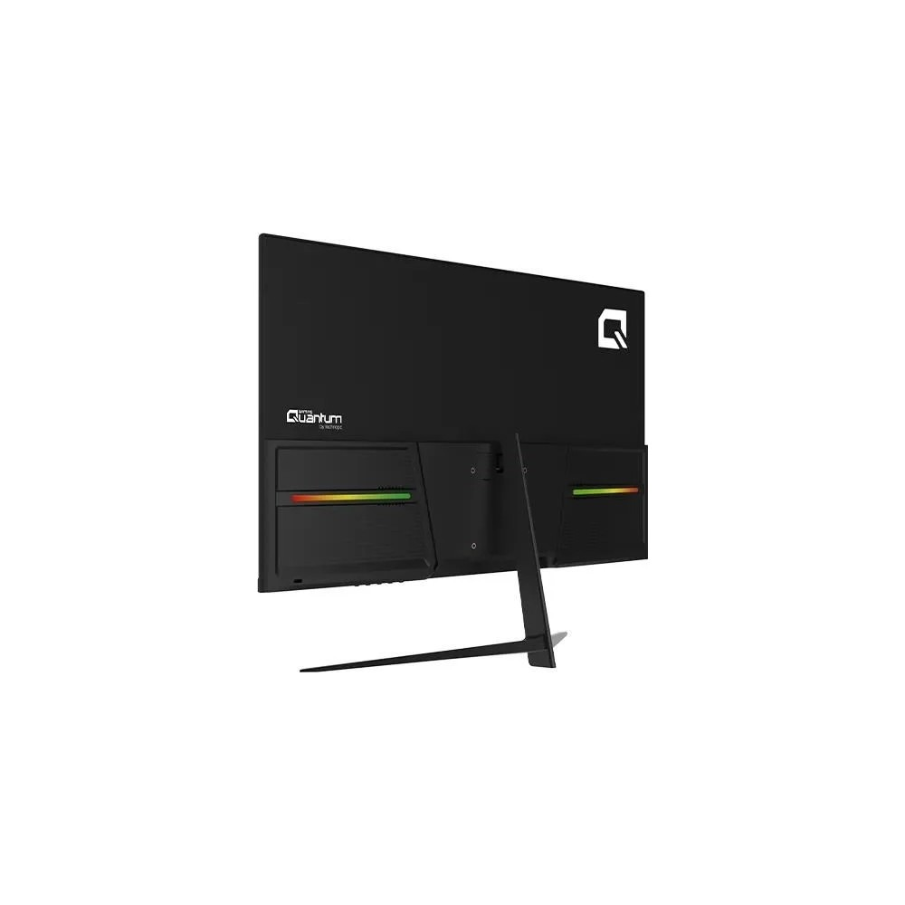 Beyaz arkaplanda RGB aydınlatmalı ve şık ayaklı siyah bir Quantum oyun monitörünün arkası.