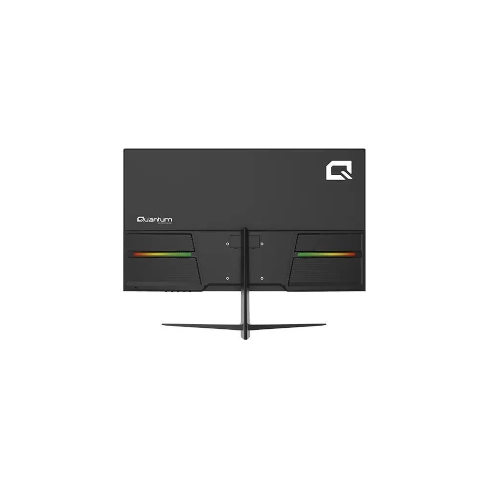 Stant üzerinde siyah bir Quantum monitörün arka görünümü, renkli RGB ışık şeritleri ve beyaz logo içerir.