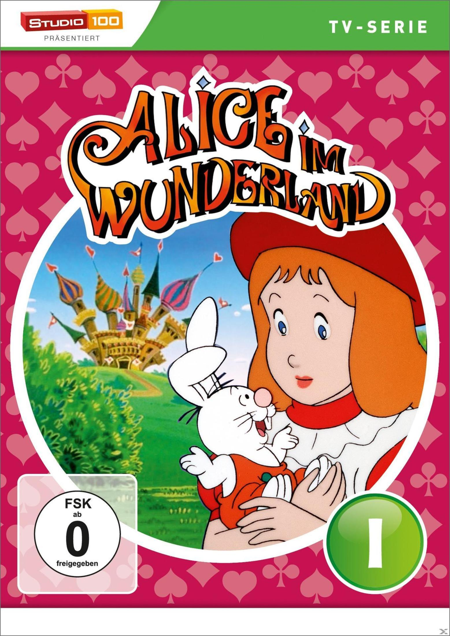 DVD-Cover von Alice im Wunderland mit Alice und einem weißen Kaninchen, im Hintergrund ein Schloss.