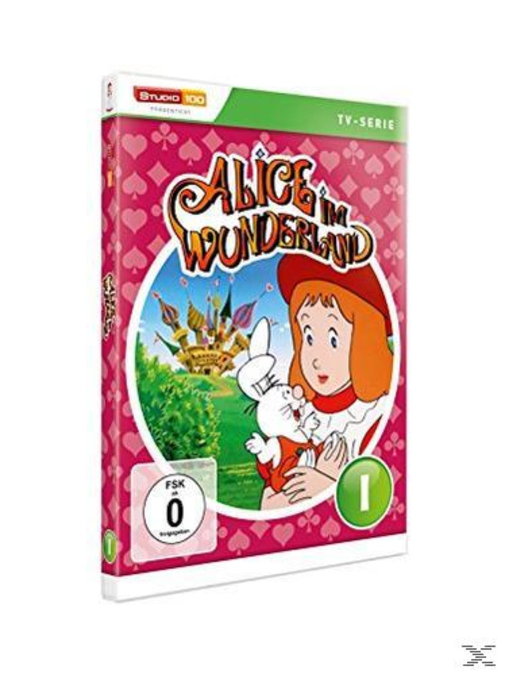 Alice im Wunderland DVD-Hülle mit Alice, die ein weißes Kaninchen hält, und einem Schloss im Hintergrund.
