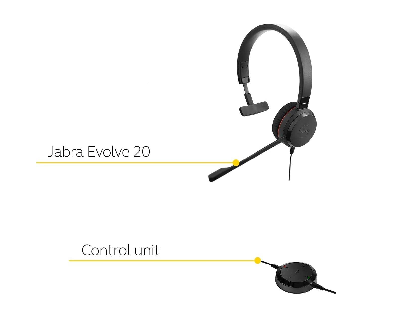 Beyaz arka planda mikrofon kollu siyah Jabra Evolve 20 kulaklık ve ayrı yuvarlak kontrol ünitesi.