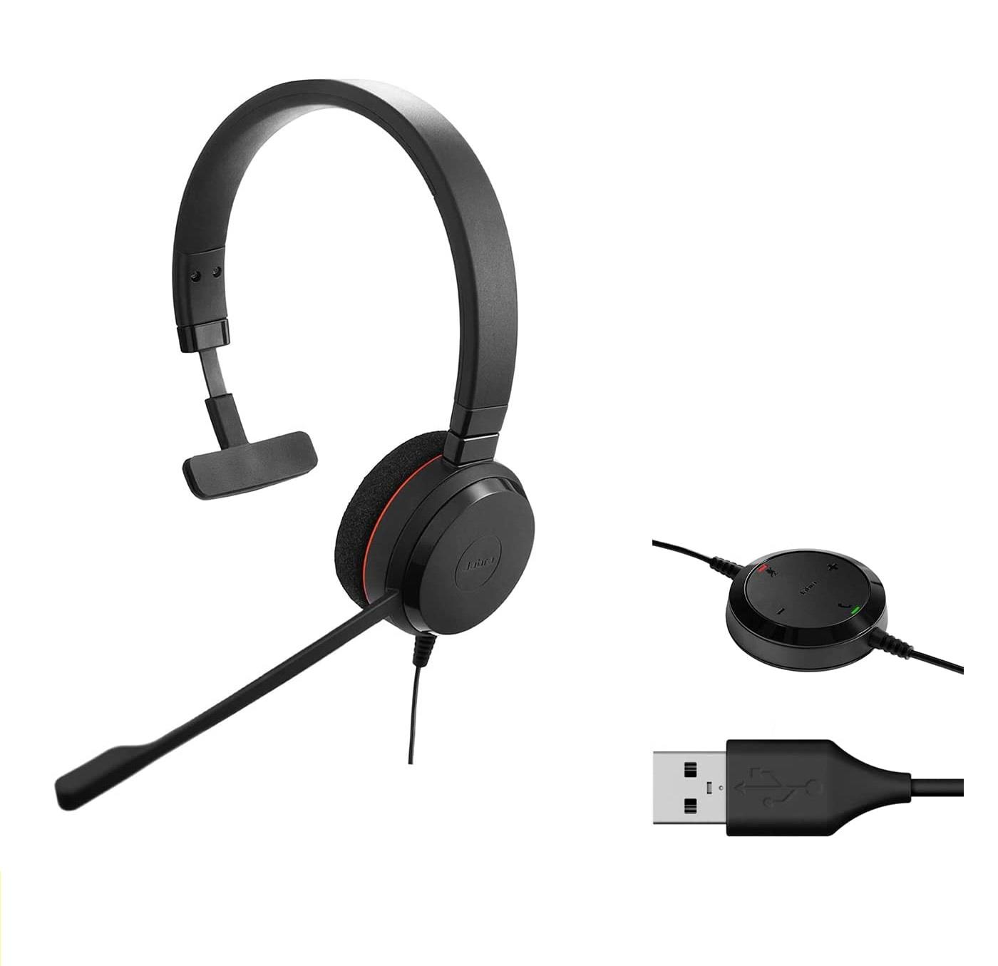 Beyaz arka planda mikrofonlu, kablo üstü kontrol üniteli ve USB bağlantılı siyah kulak üstü kulaklık.