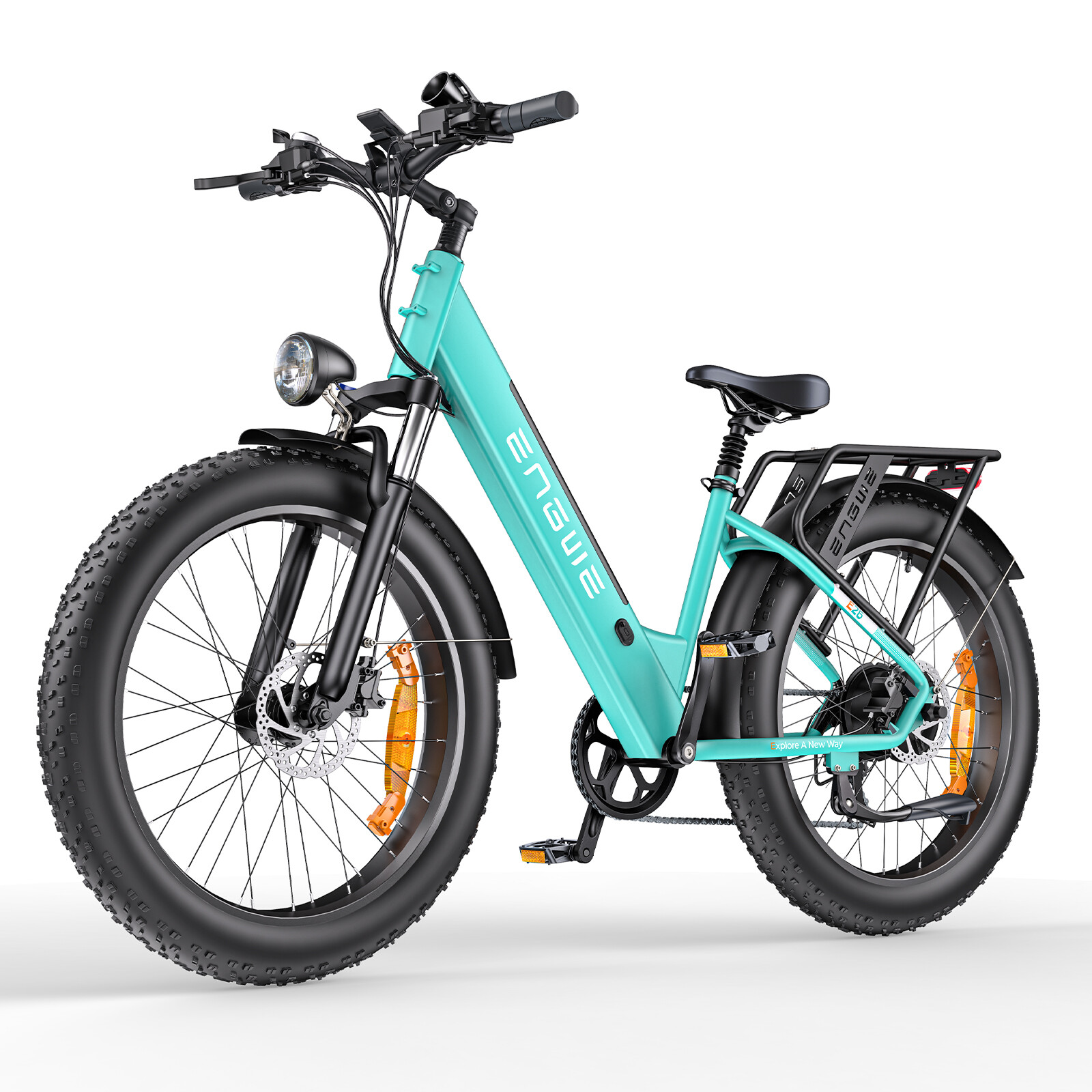 Una bicicletta elettrica turchese con pneumatici larghi, portapacchi posteriore e luce anteriore.