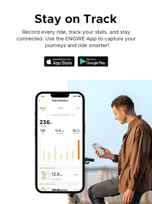 Un uomo in camicia marrone tiene un telefono con le statistiche di guida dell'app ENGWE.
