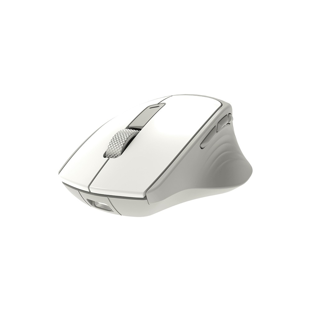 Beyaz arkaplanda metal tekerlekli ergonomik beyaz bilgisayar faresi.