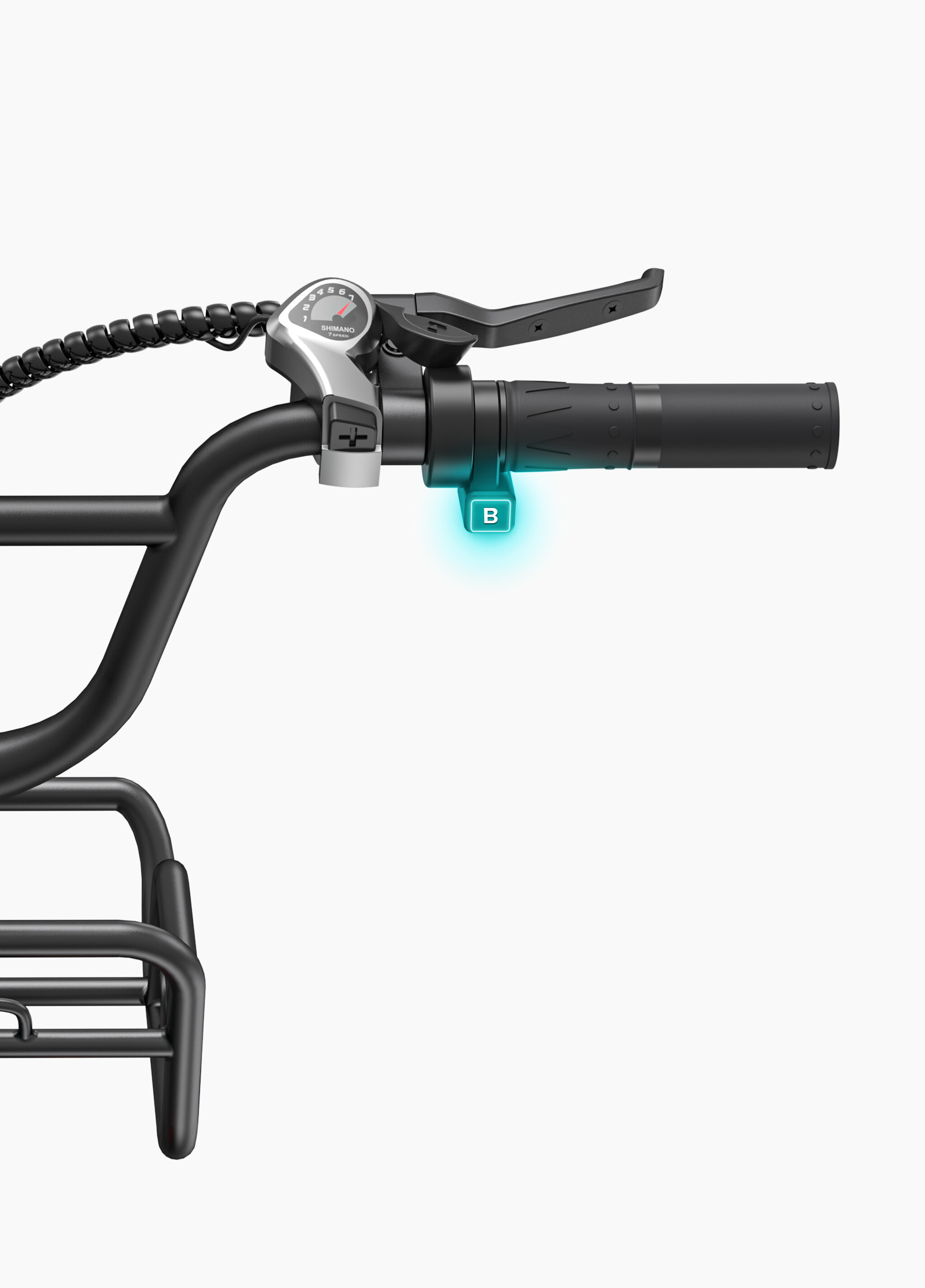 Manubrio per e-bike nero con cambio Shimano e un pulsante B blu luminoso.