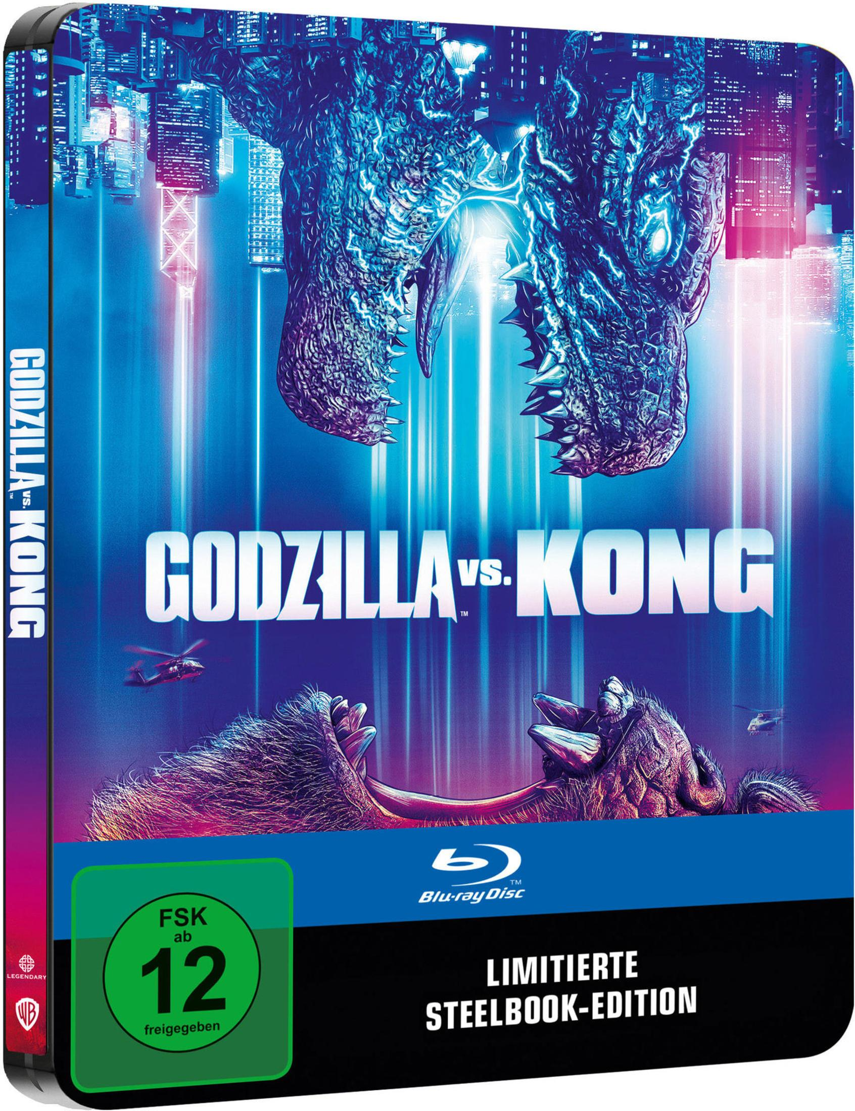 Godzilla und Kong brüllen sich auf diesem blauen Blu-ray Steelbook von Godzilla vs. Kong an.