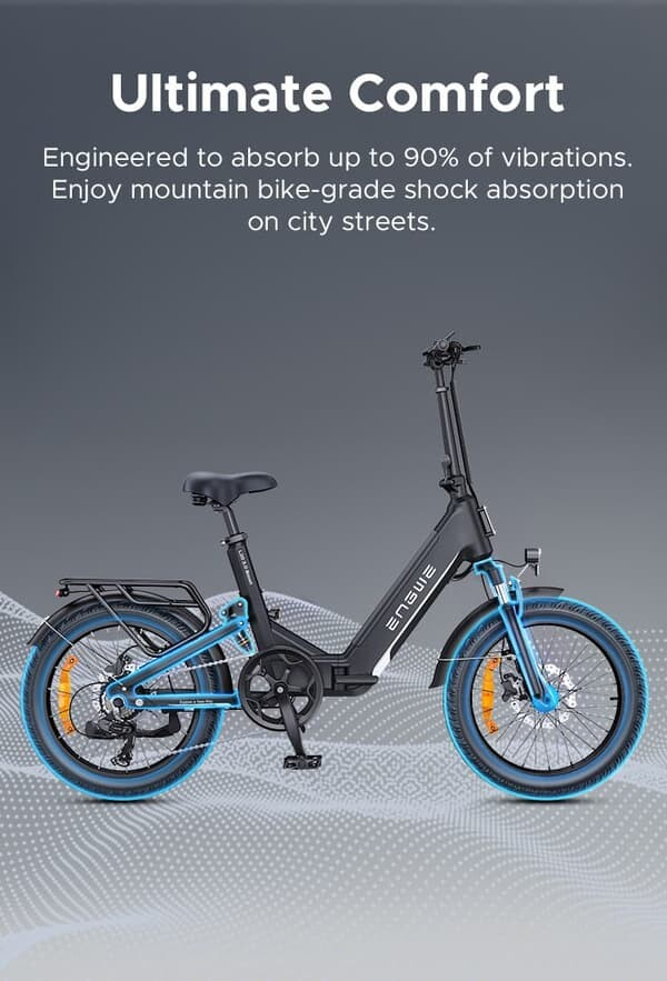 Una bicicletta elettrica nera con dettagli blu e ammortizzatori su sfondo grigio.