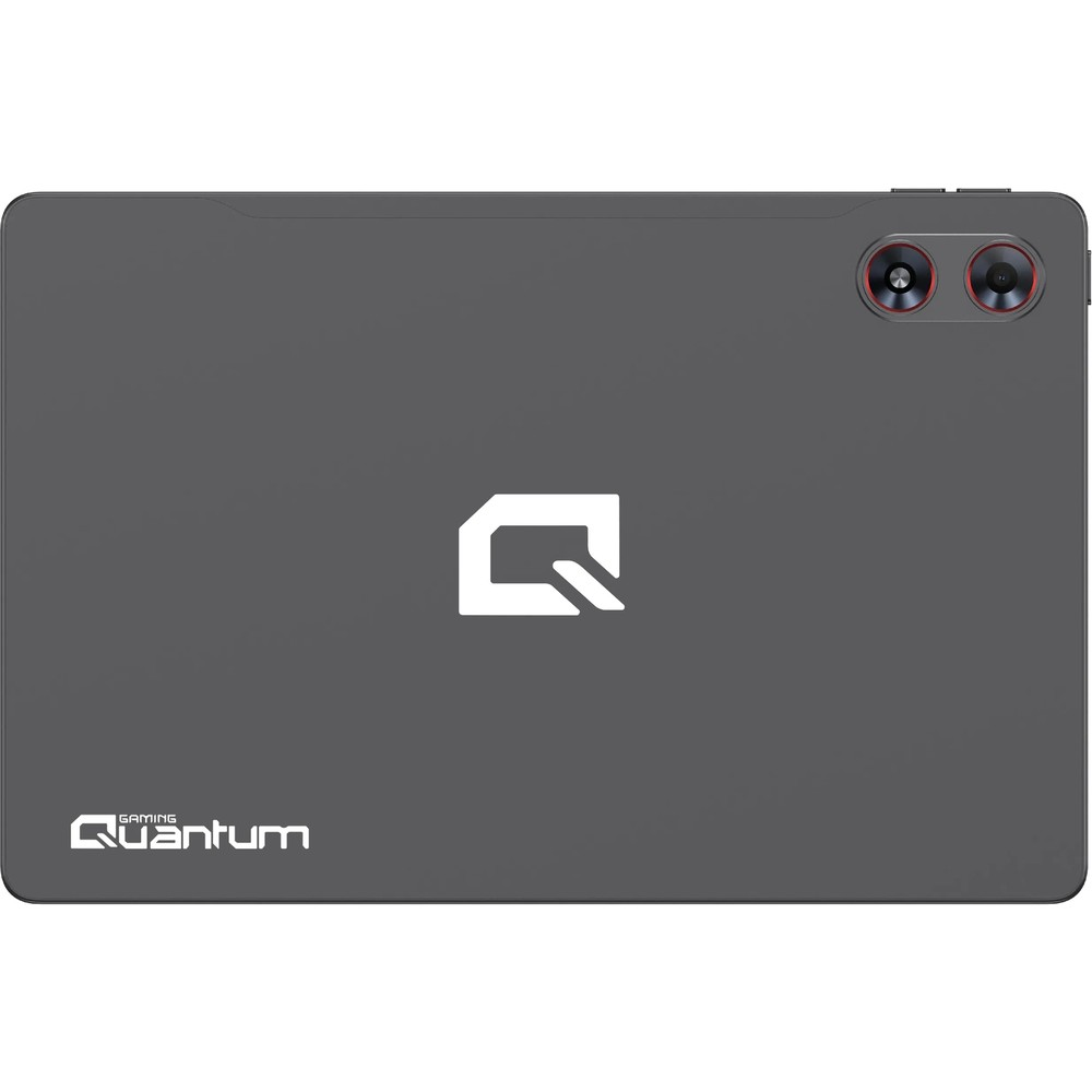 Beyaz Q logolu, çift kameralı ve markalı koyu gri Quantum Gaming tablet arka yüzü.