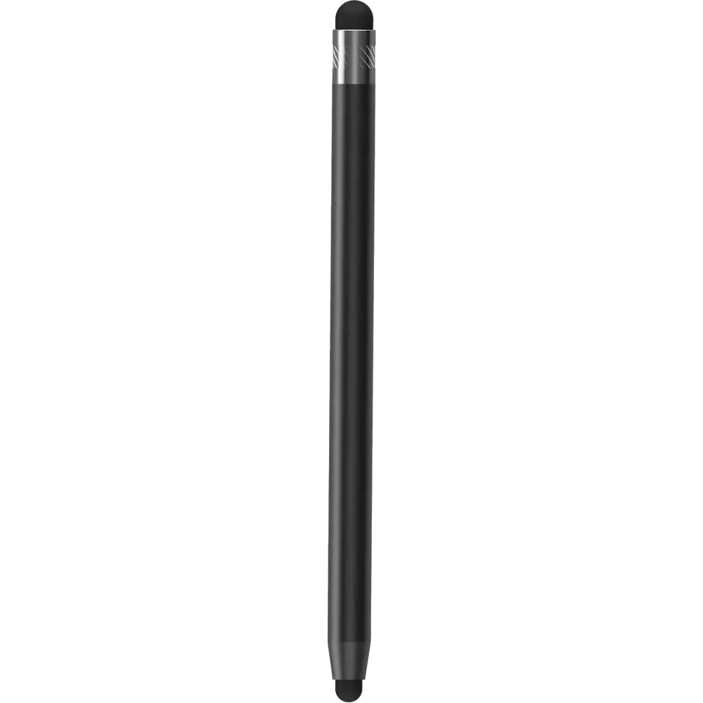 Gümüş detaylara ve her iki ucunda siyah kauçuk uçlara sahip şık, siyah bir stylus kalem.