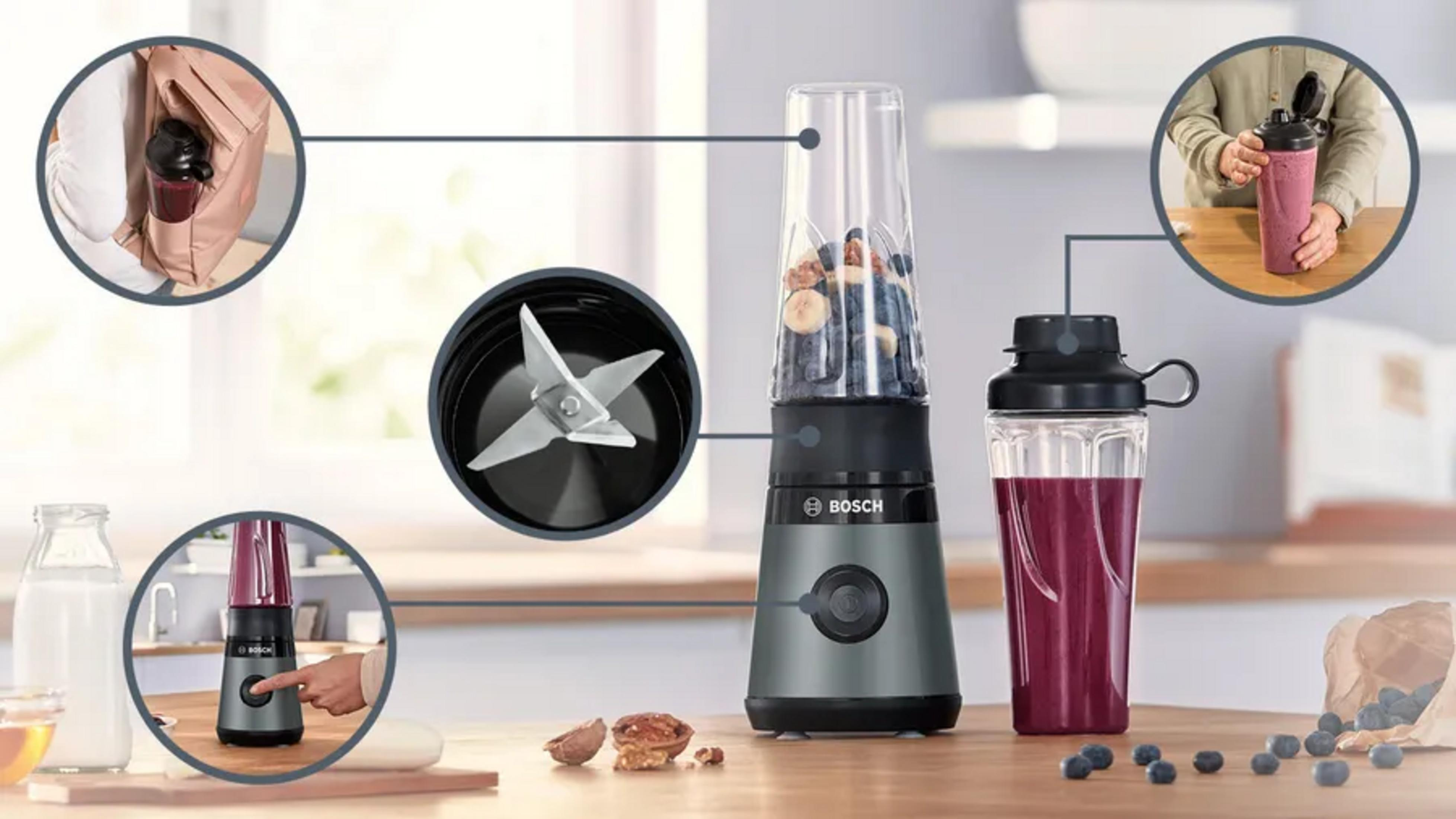 Un blender Bosch sur une table en bois avec quatre petits cercles montrant les détails et l'utilisation.
